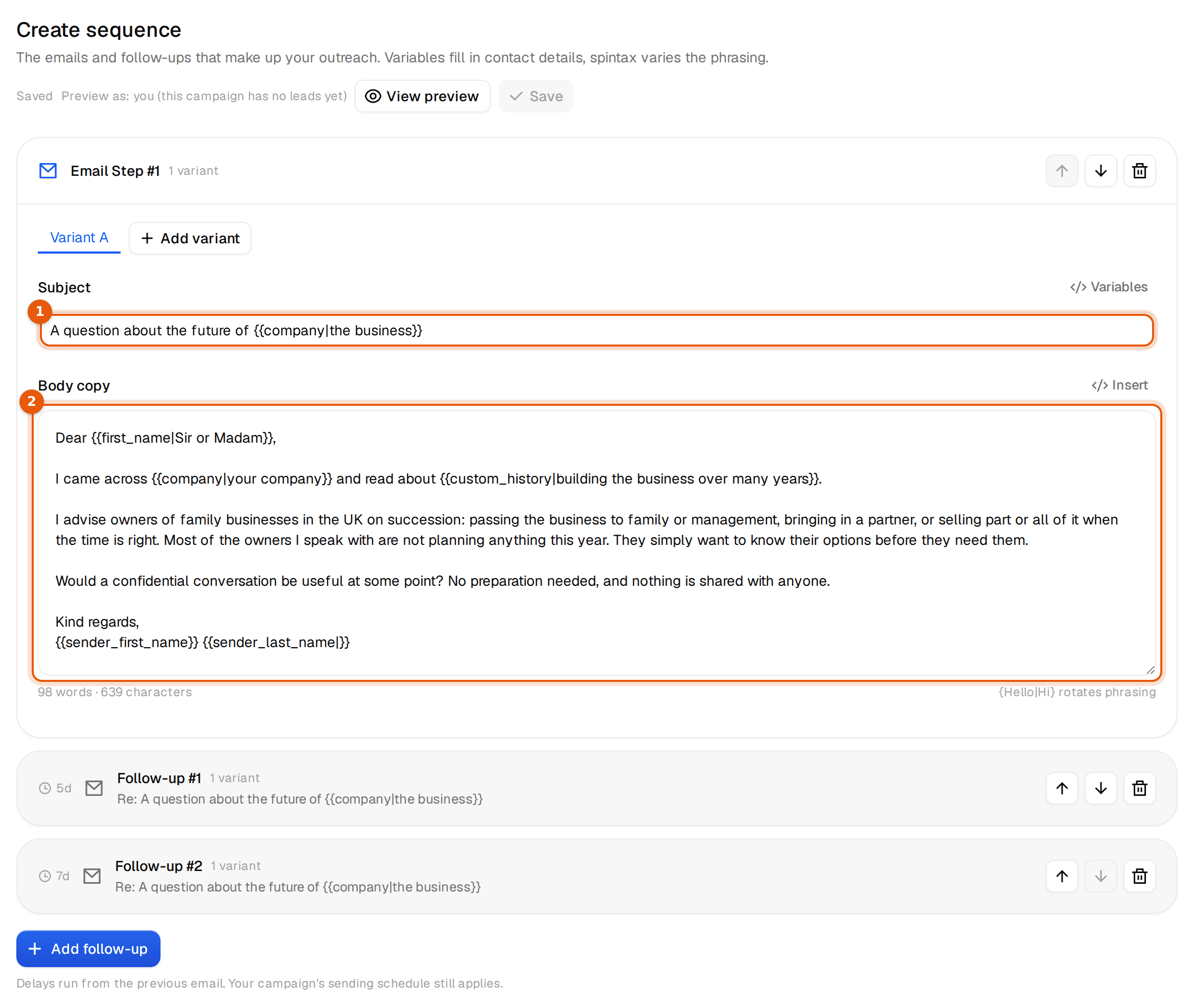 The email editor with the first email to family business owners and two follow-ups