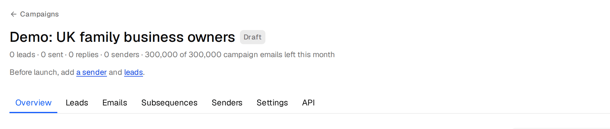 The campaign header saying what is missing before launch