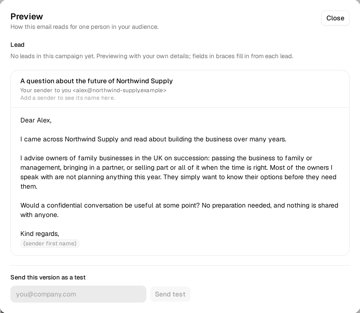The preview of the first email with the history line filled in