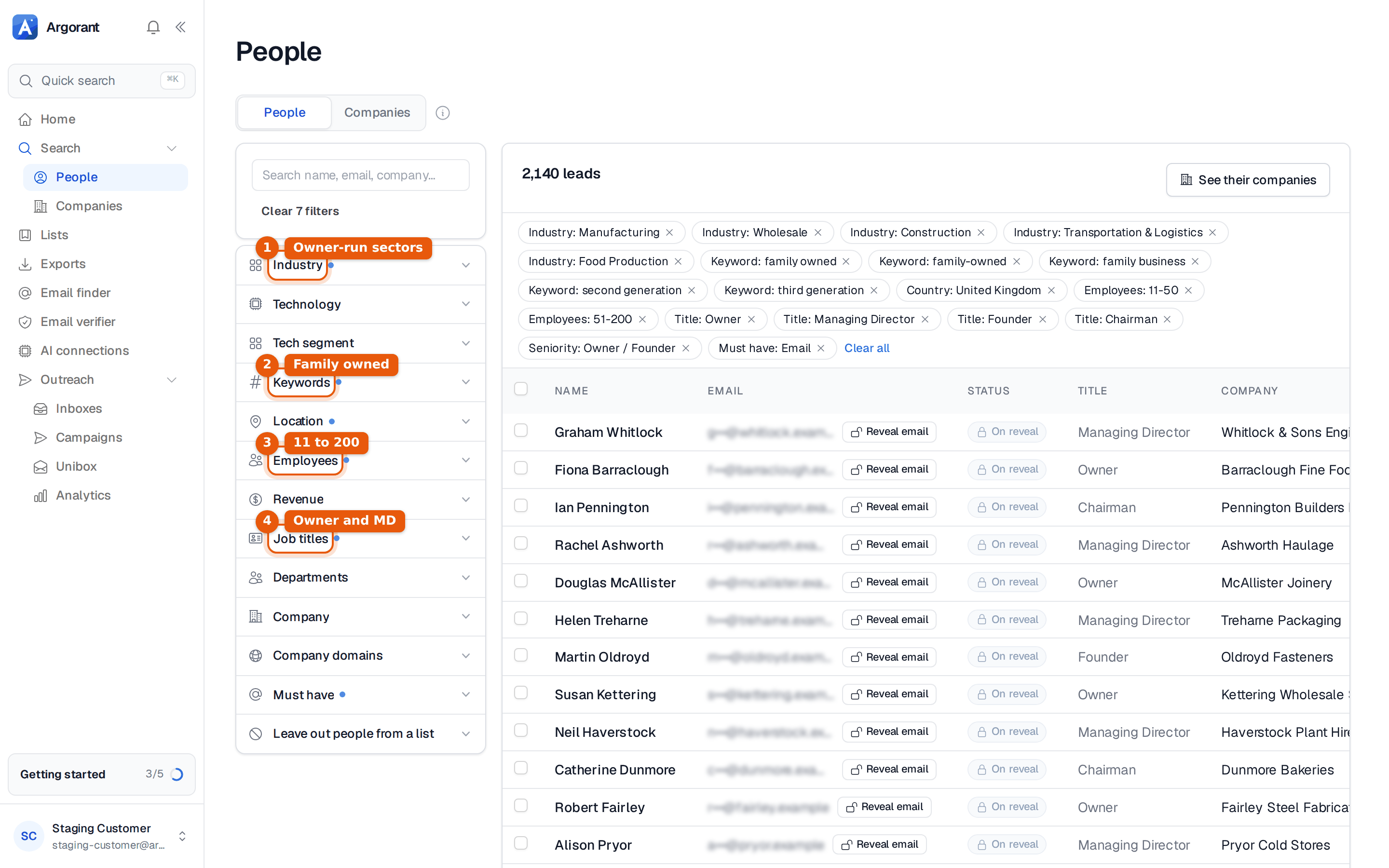 People search with UK, five industries, 11 to 200 employees, owner seniority and family business keywords