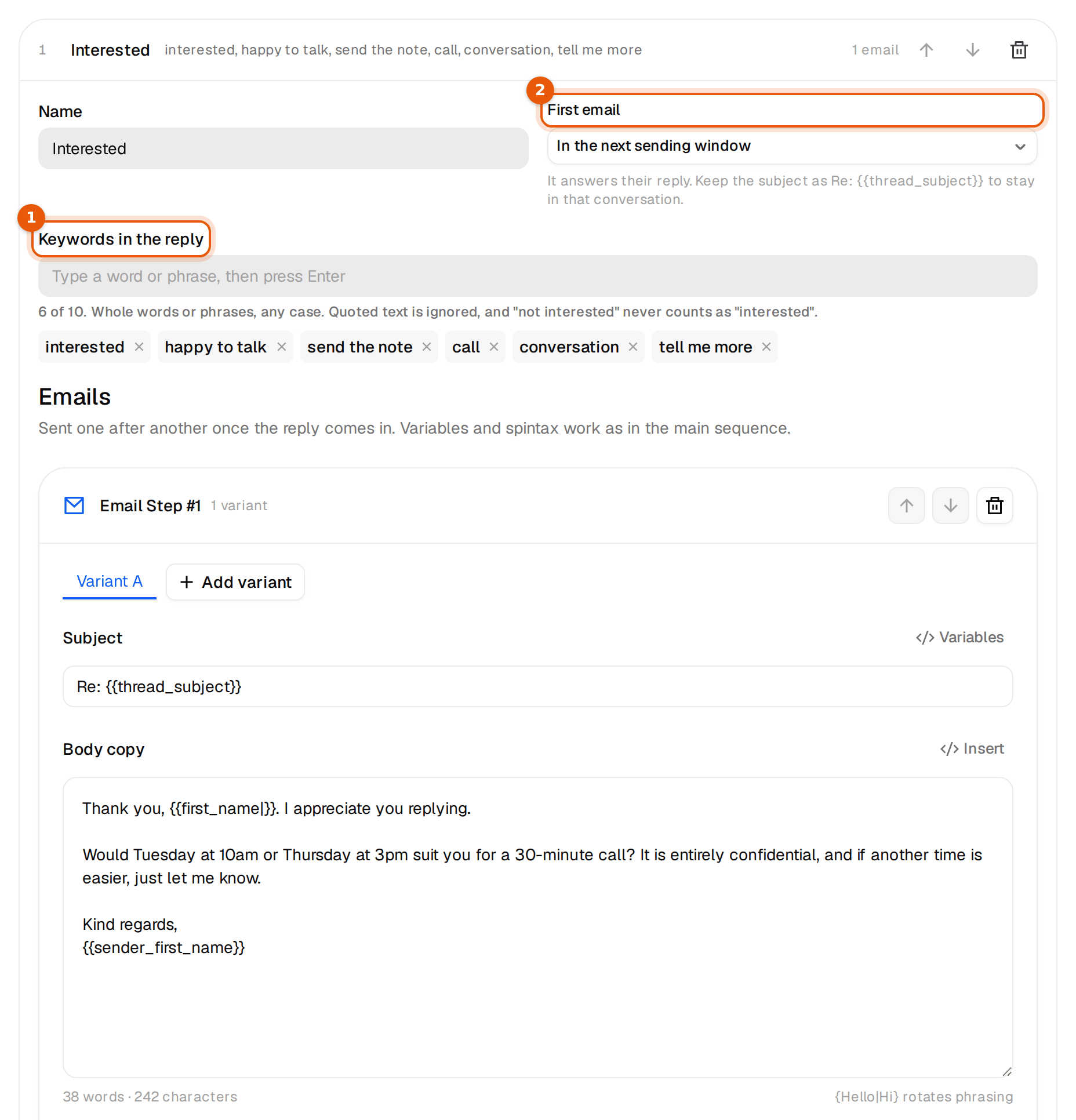 The Interested subsequence with its keywords and first email