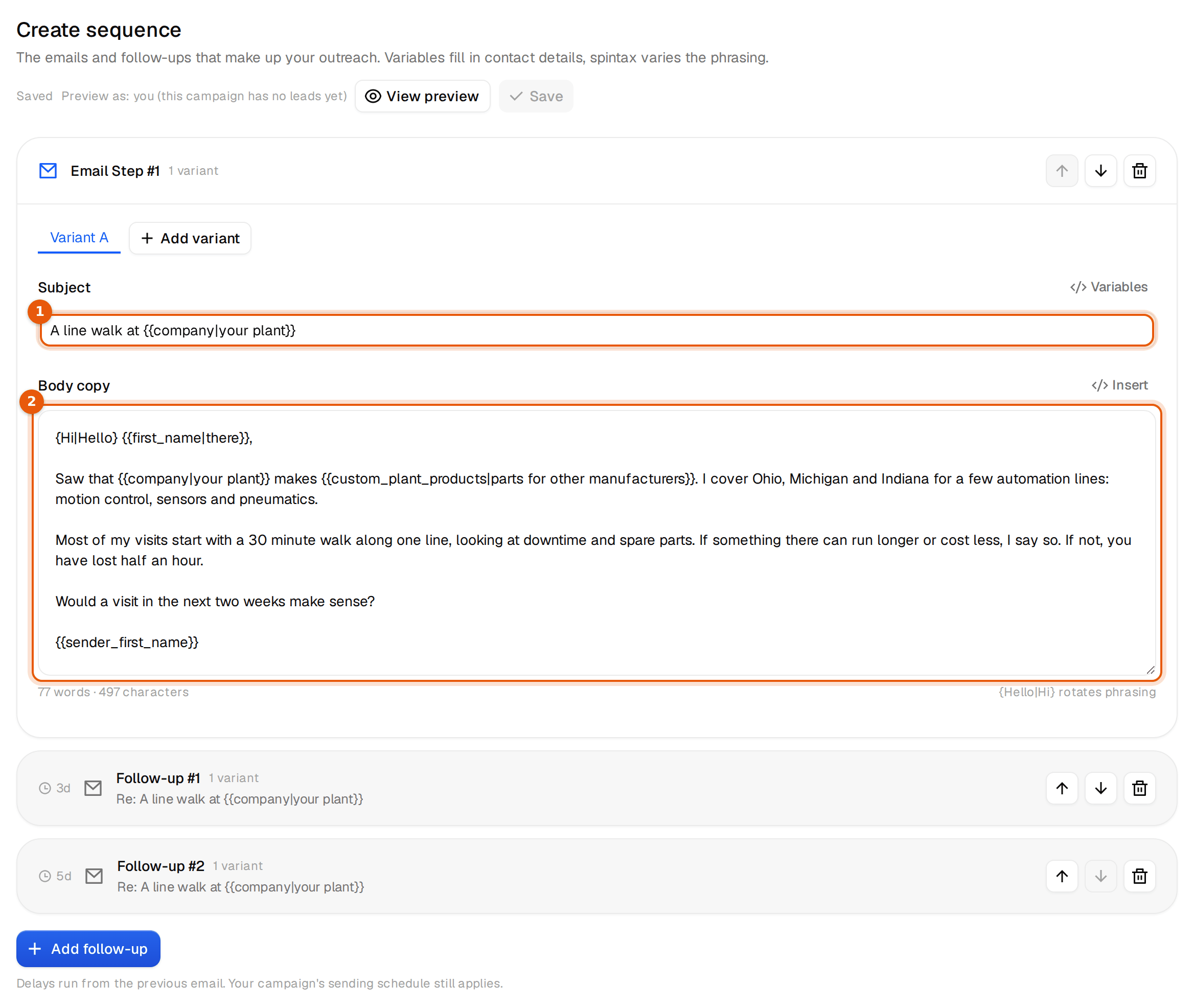 The email editor with the first email of the territory campaign and two follow-ups below