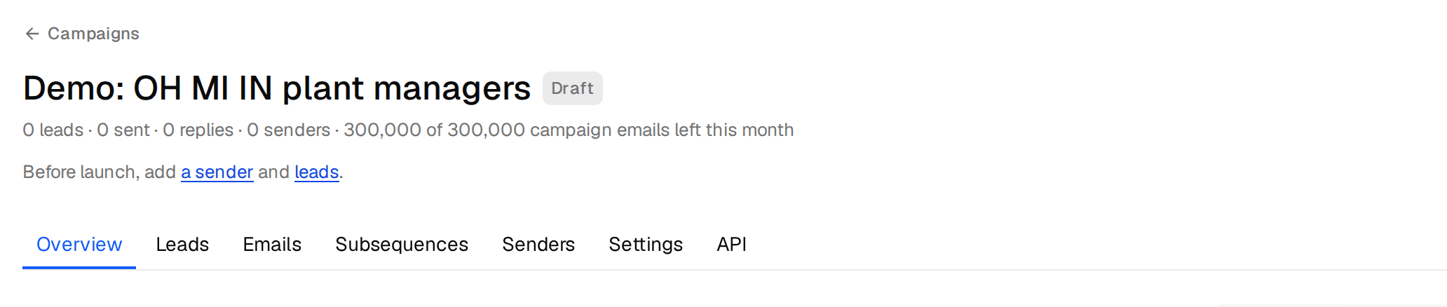 The campaign header saying what is still missing before launch