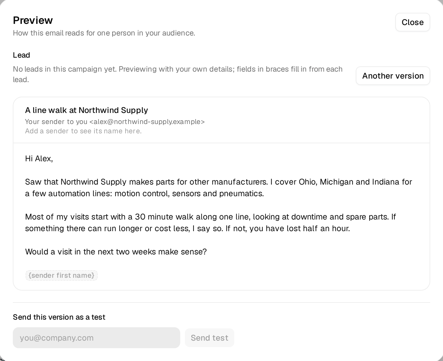 The preview of the first email with the fallback lines filled in