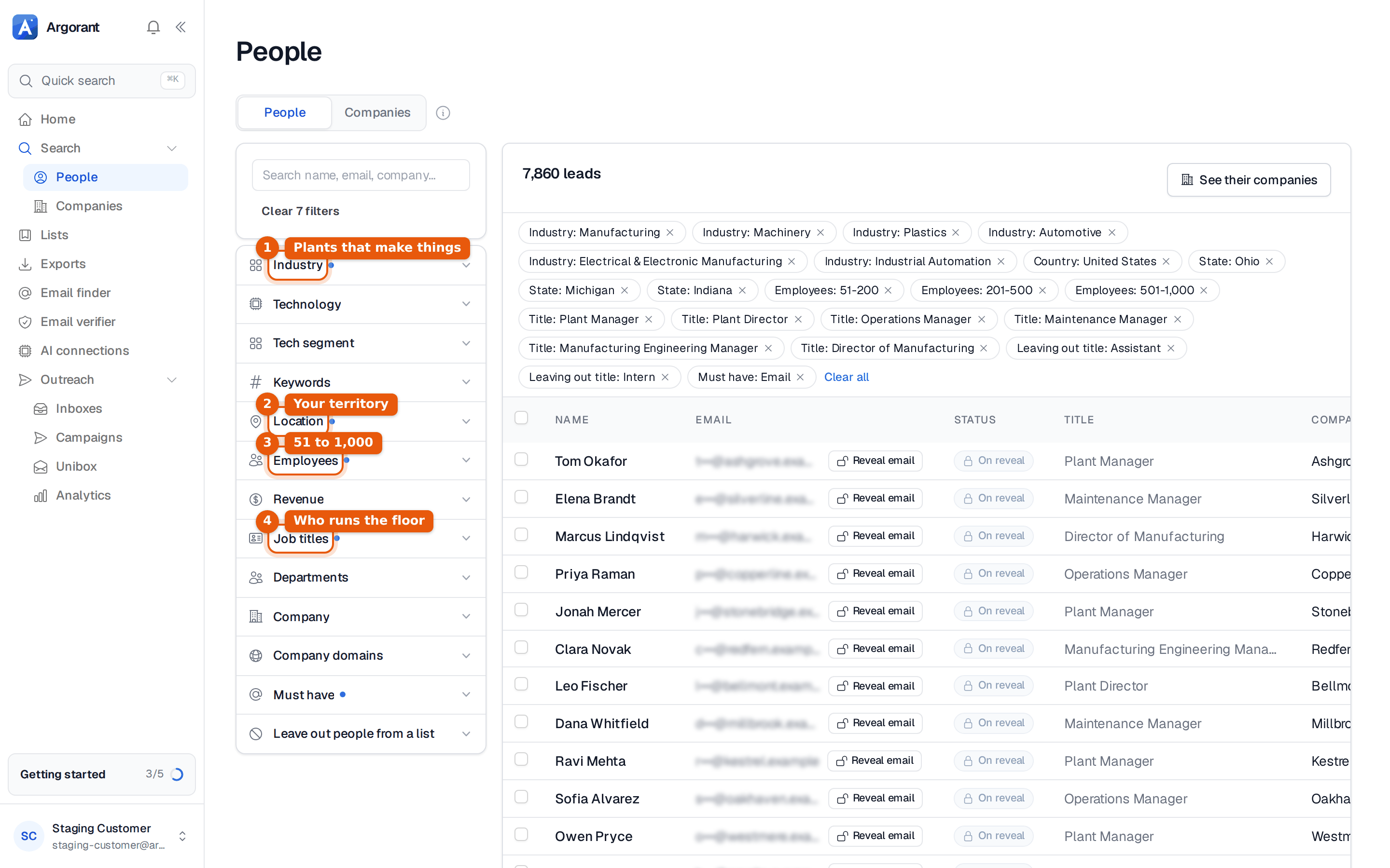 People search with manufacturing industries, three states, company size and plant titles set