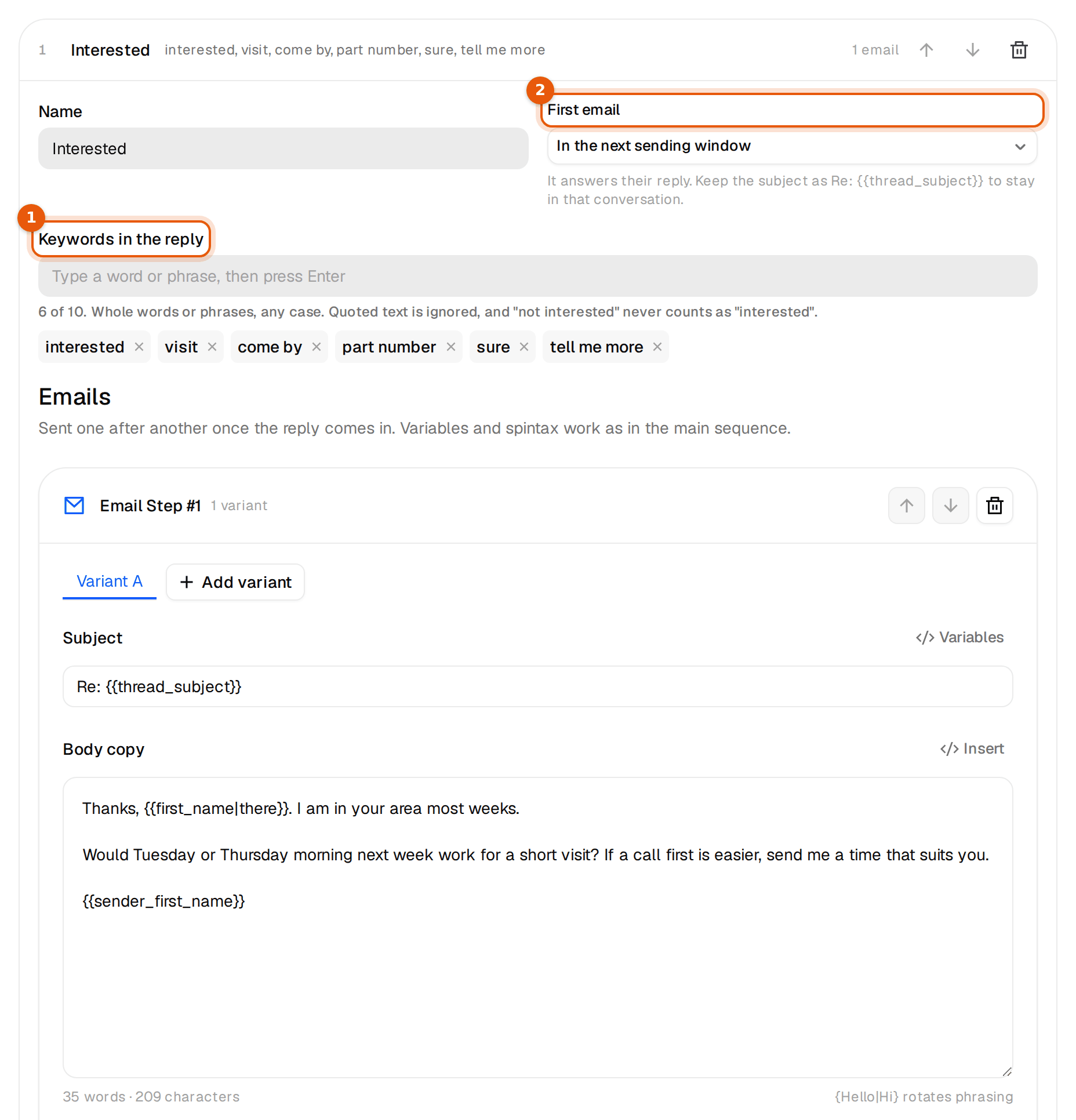 The Interested subsequence with its keywords and first email