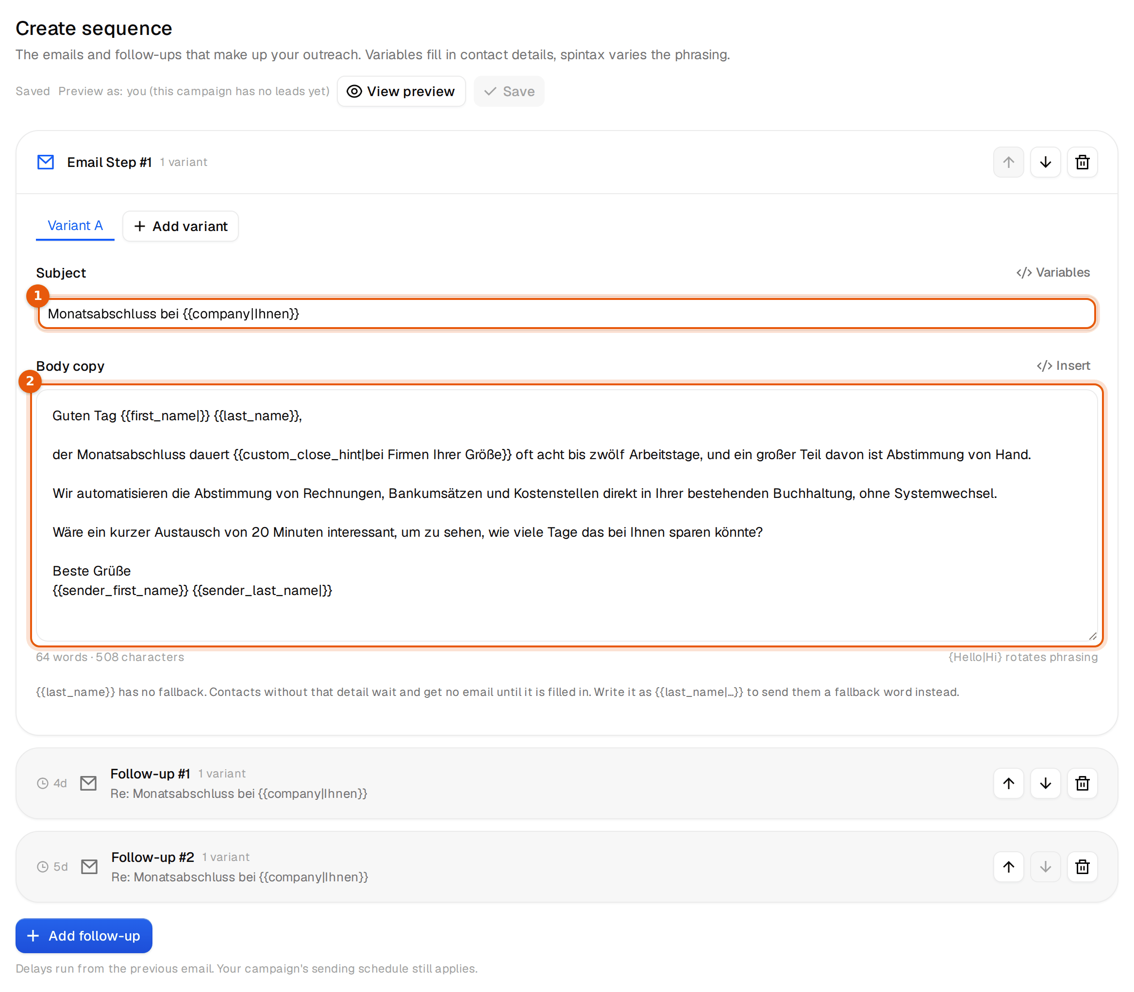 The email editor with the first German email and two follow-ups below