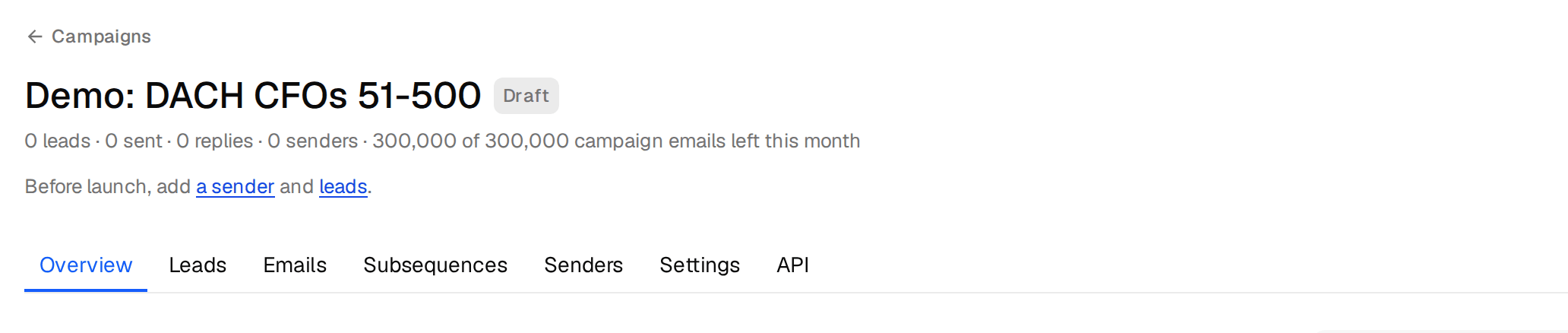 The campaign header saying what is missing before launch