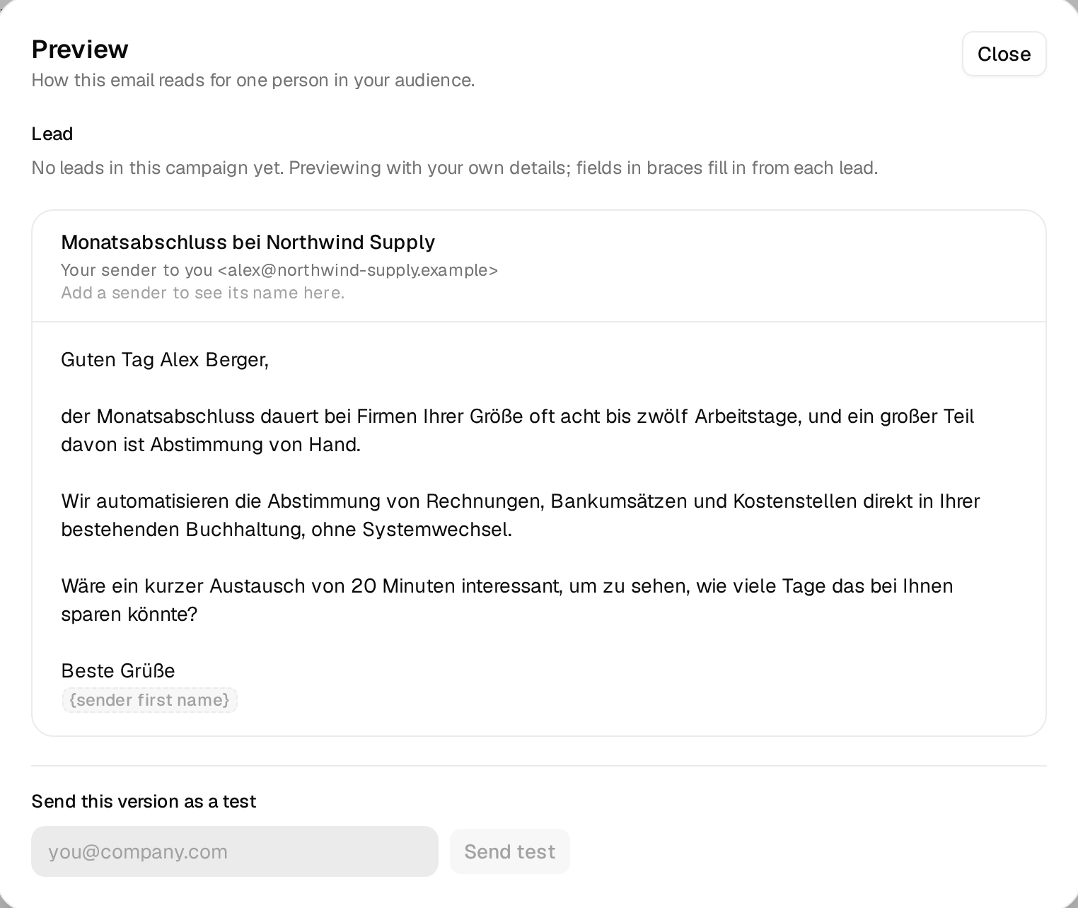 The preview of the first German email with the fallback line filled in