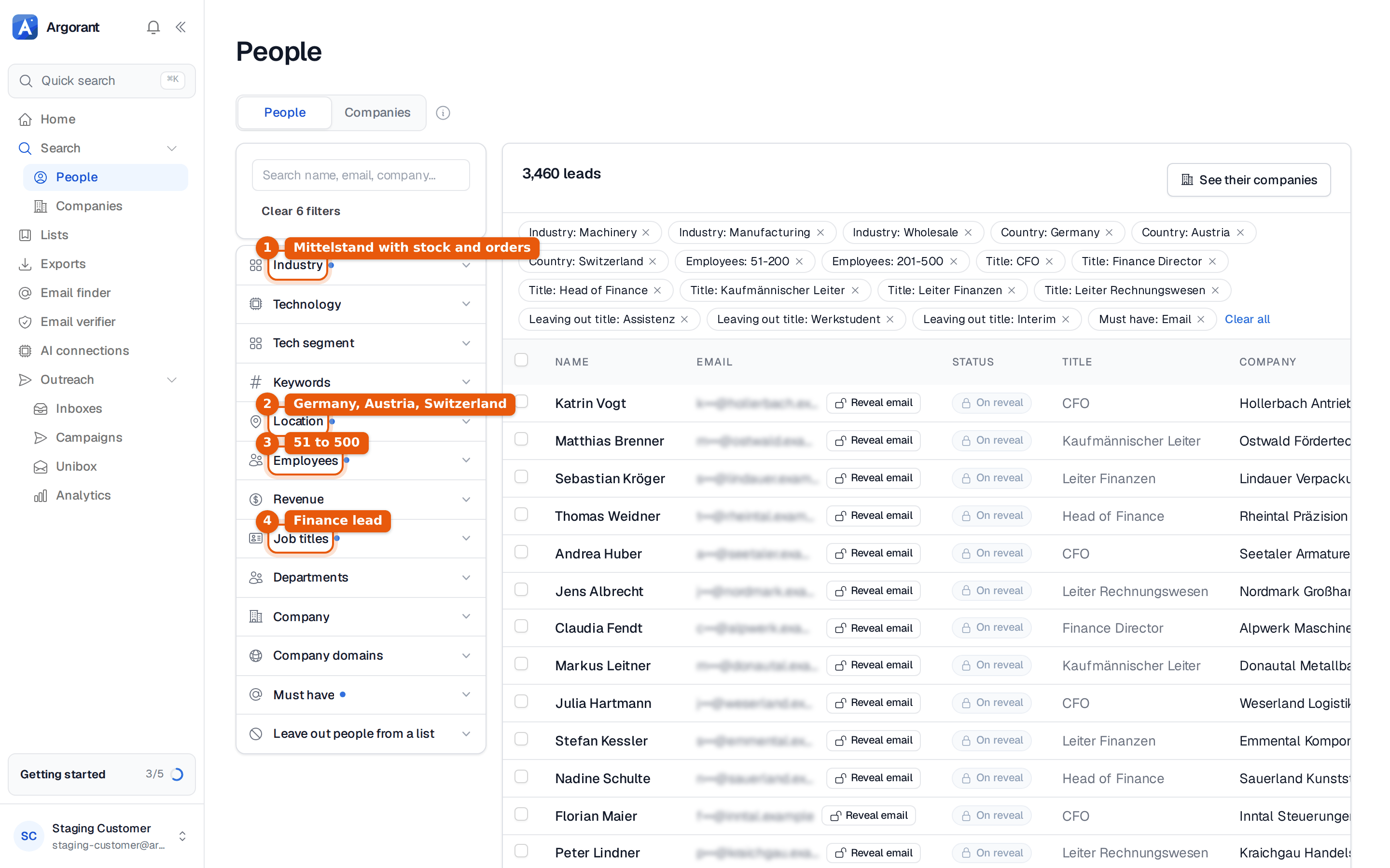 People search with three DACH countries, three industries, company size and German and English finance titles