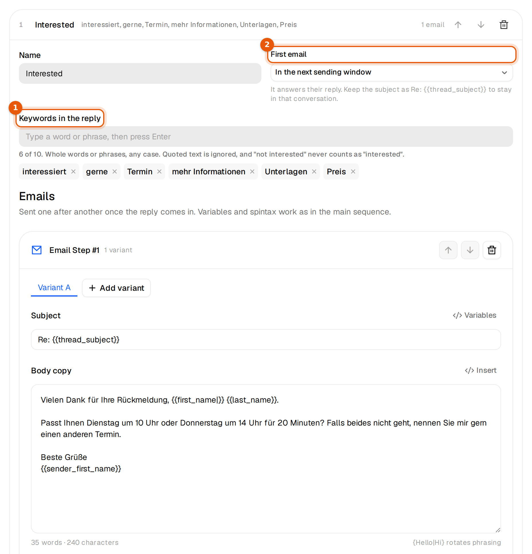 The Interested subsequence with German keywords and a German first email
