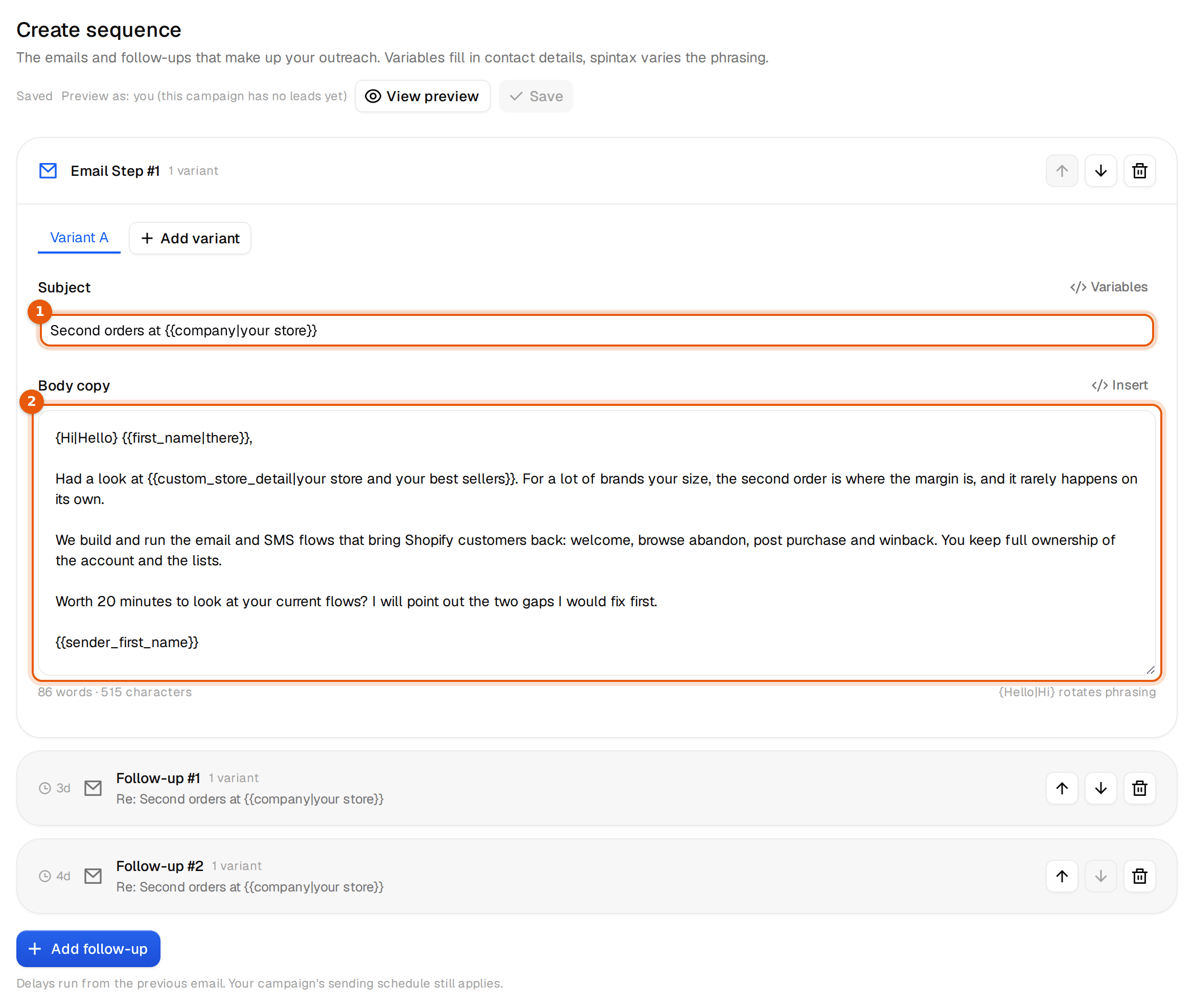 The email editor with the first email of the Shopify campaign and two follow-ups below