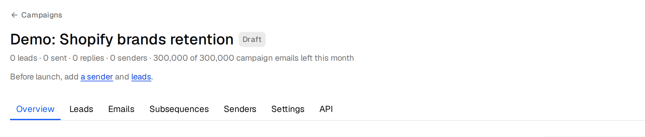 The campaign header saying what is still missing before launch