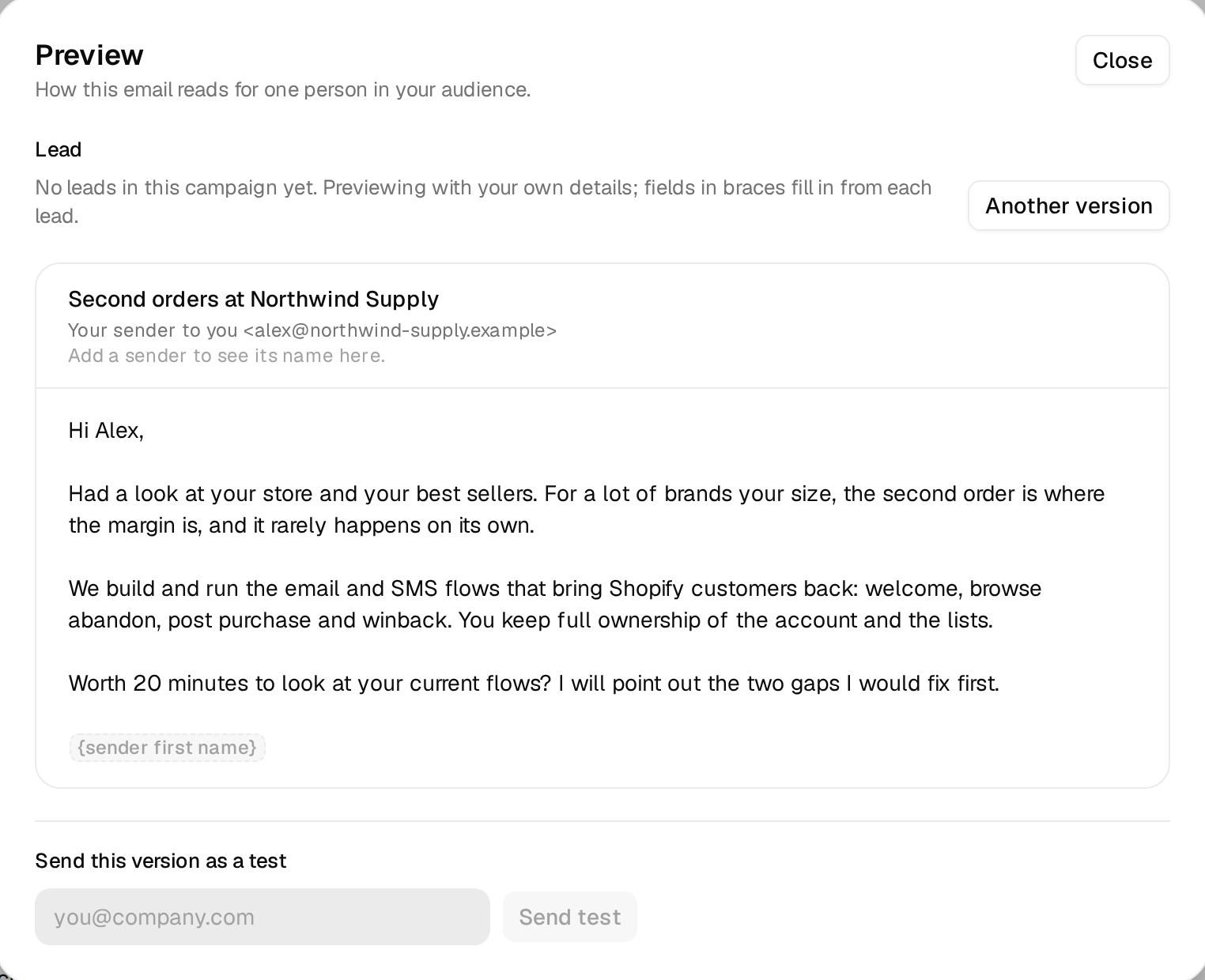 The preview of the first email with the fallback line filled in