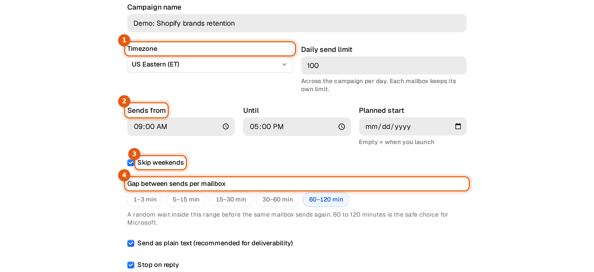 Campaign settings with timezone US Eastern, sending hours, skip weekends and the gap between sends