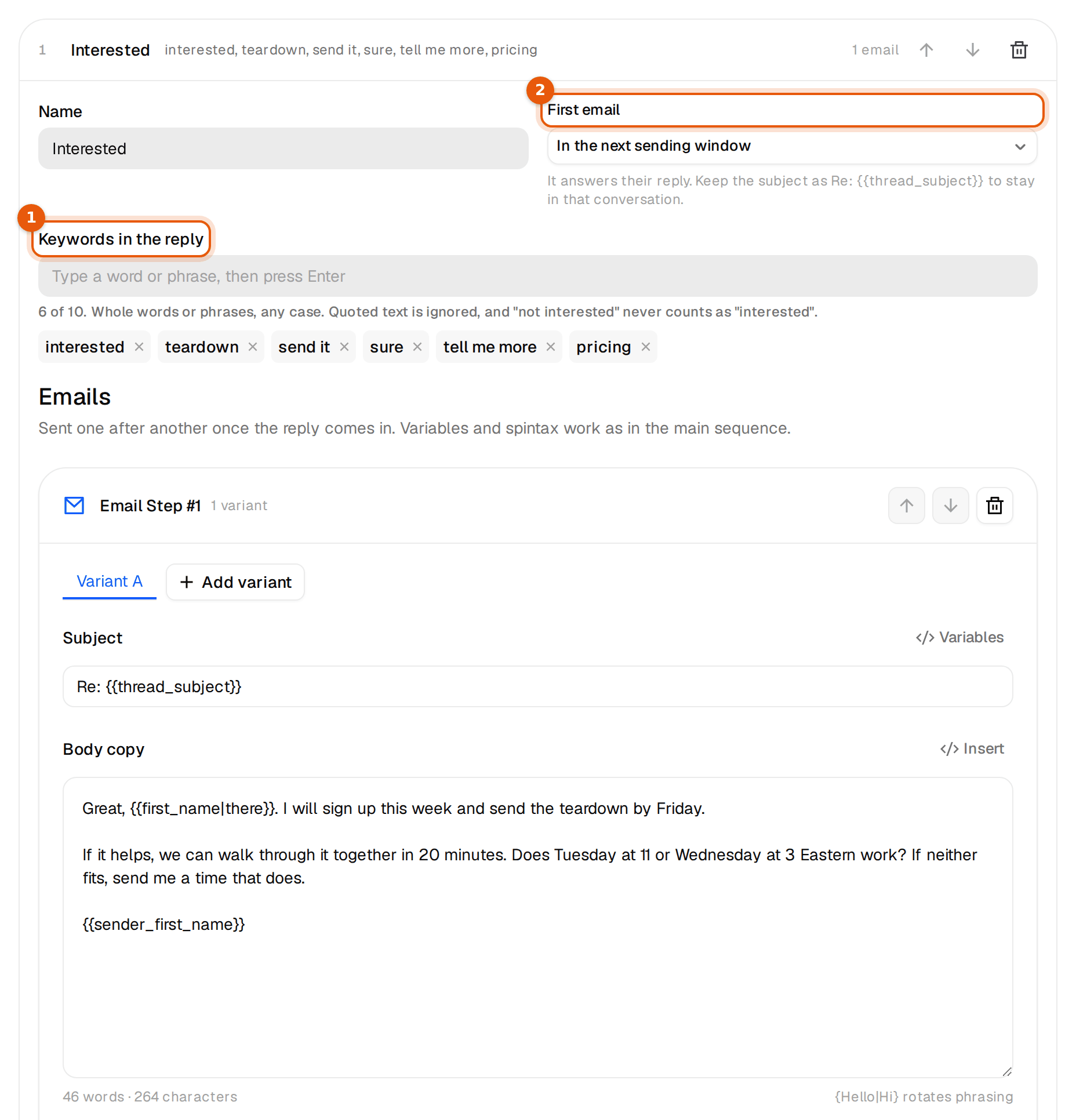 The Interested subsequence with its keywords and first email