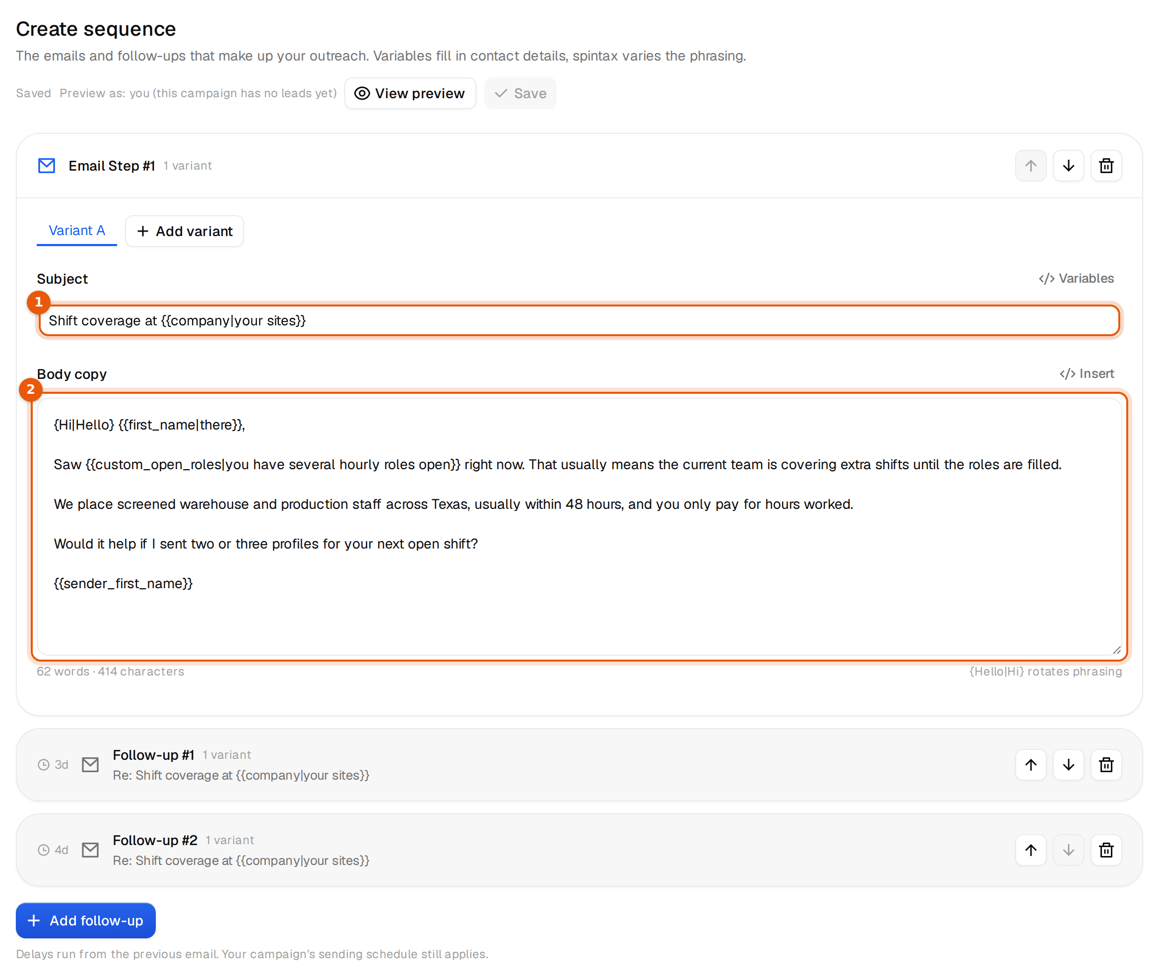 The email editor with the first email and two follow-ups that the assistant saved