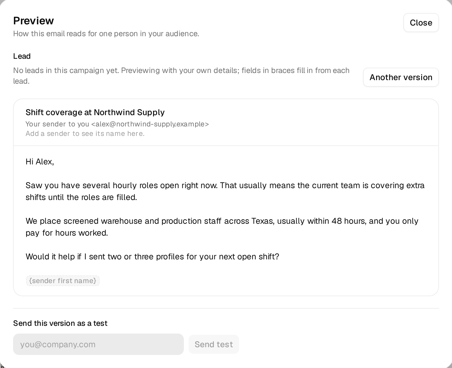 The preview of the first email with the fallback lines filled in
