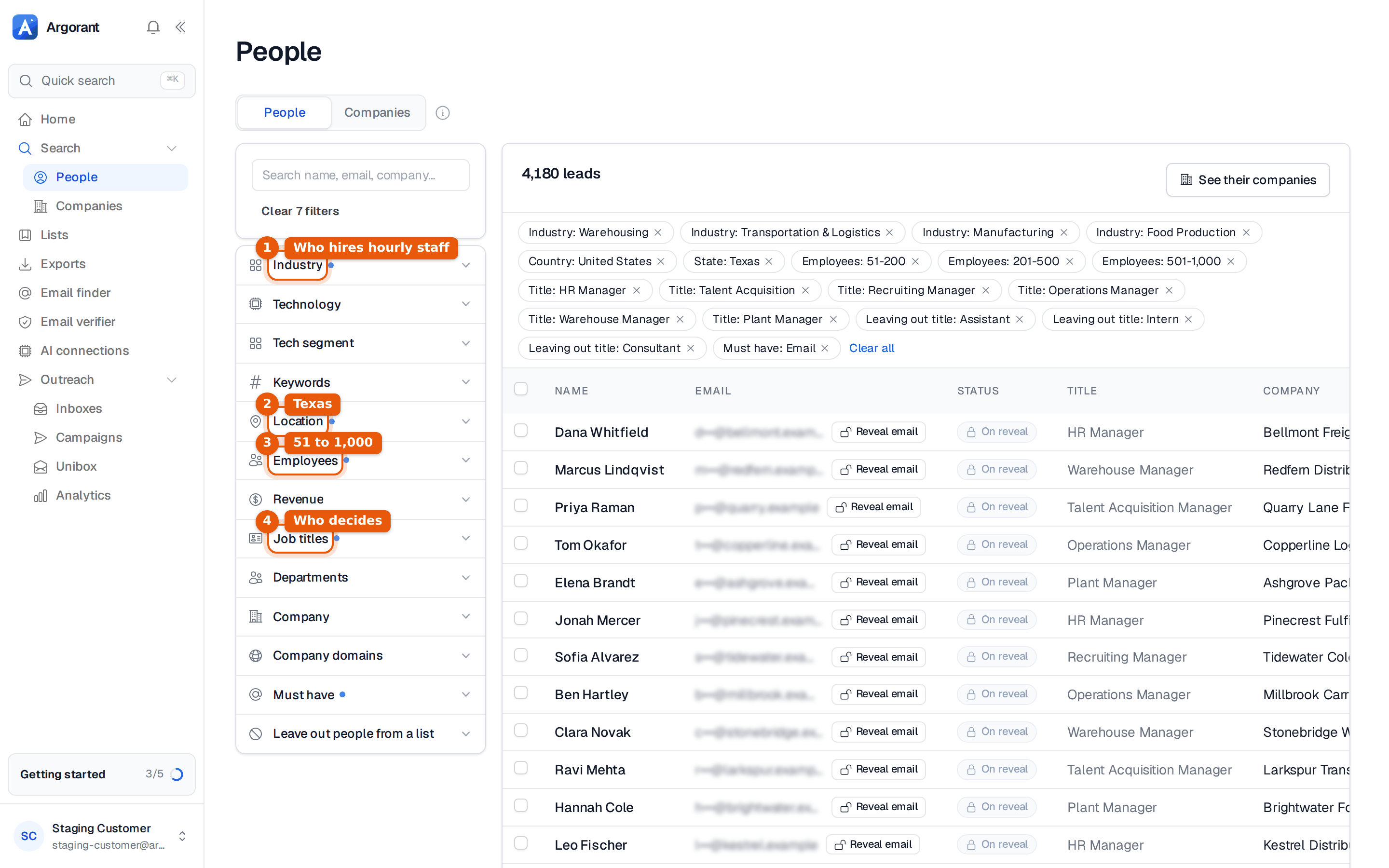 People search with industry, Texas, company size and job titles set