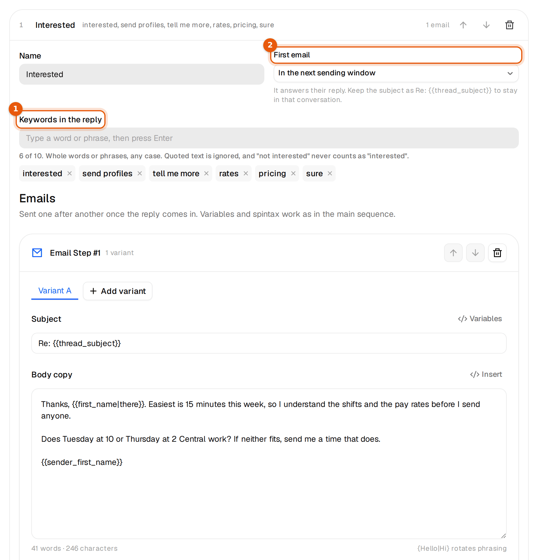 The Interested subsequence with its keywords and first email