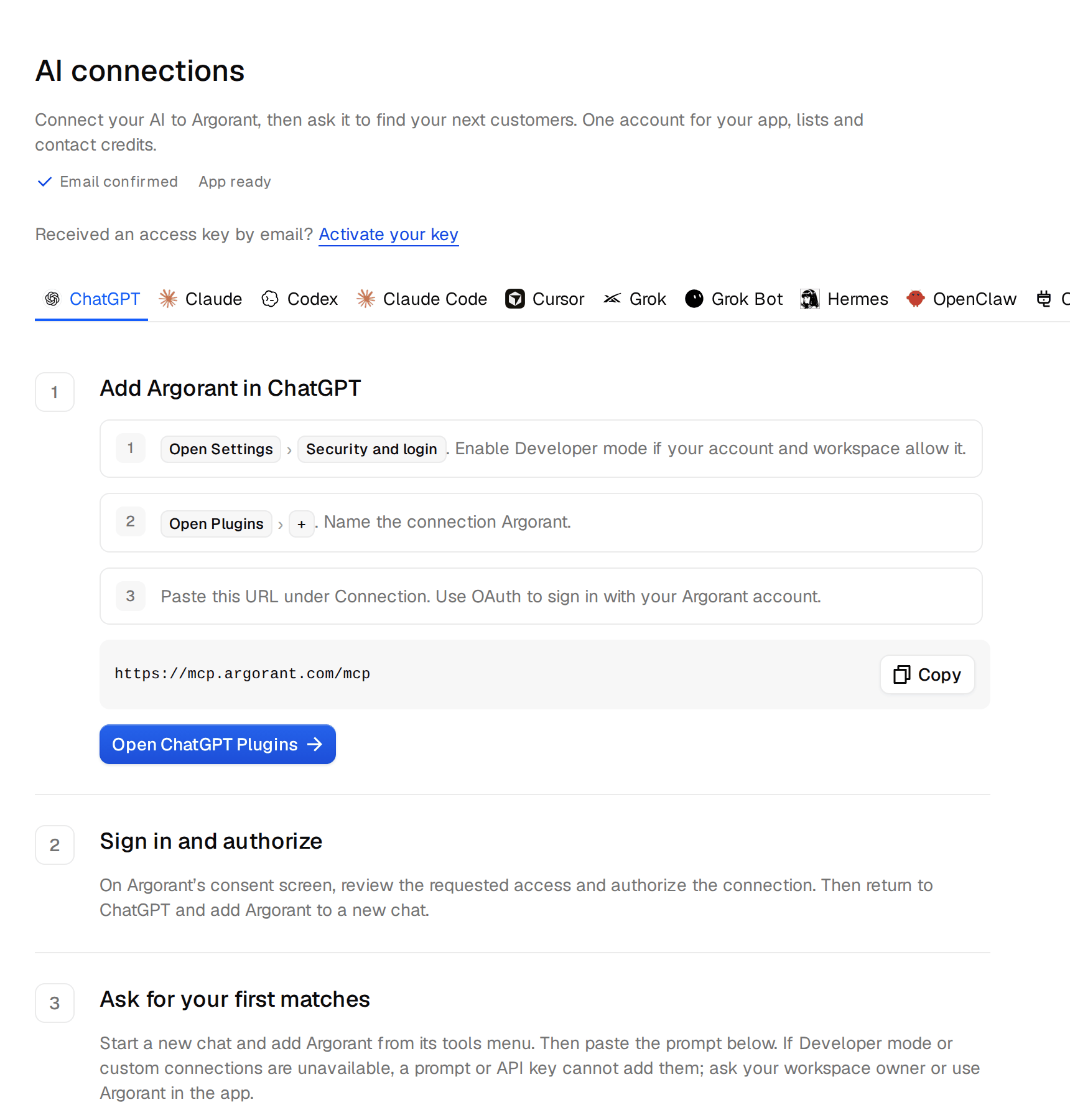 The ChatGPT tab on the AI connections page with the steps to add Argorant in ChatGPT
