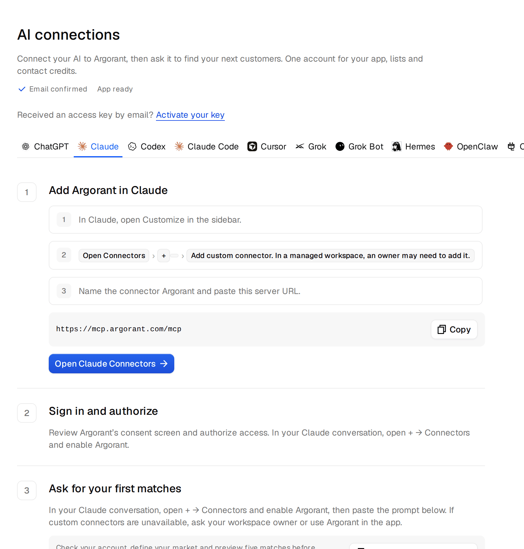 The Claude tab on the AI connections page with three steps and the server address