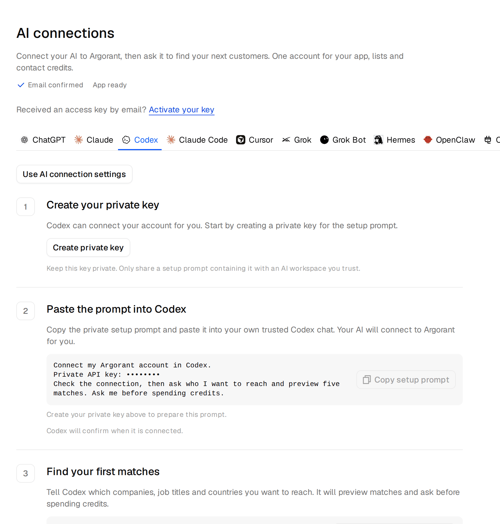 The Codex tab on the AI connections page with Create private key and the setup prompt