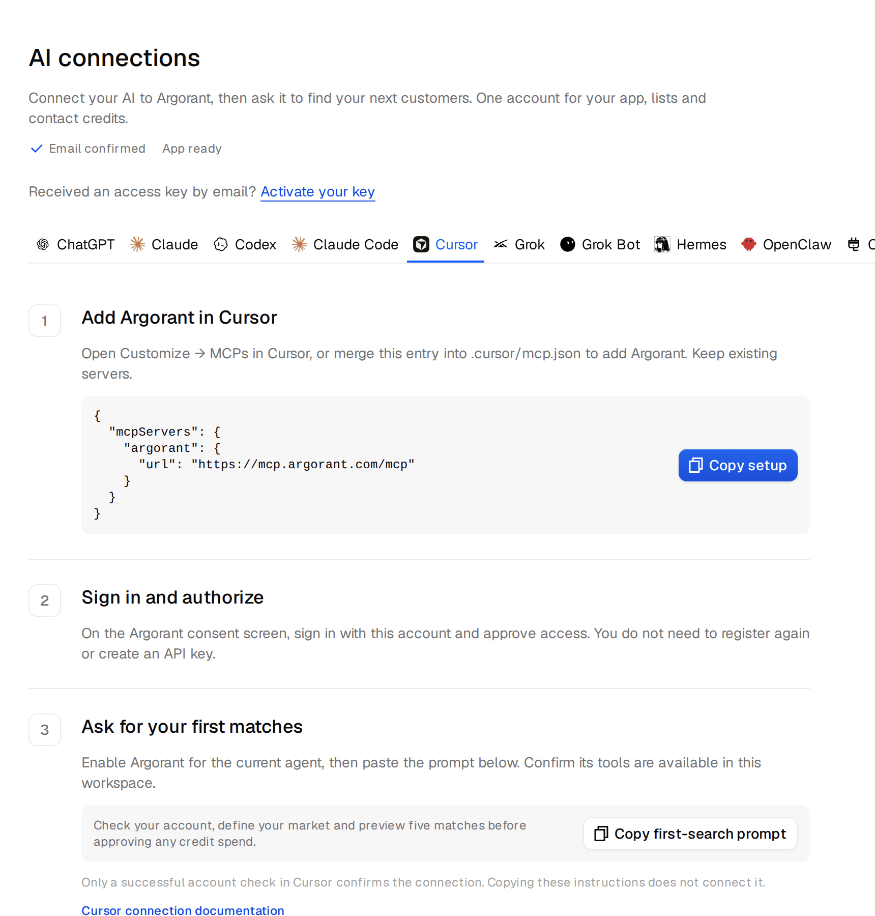 The Cursor tab on the AI connections page with the configuration snippet and Copy setup button