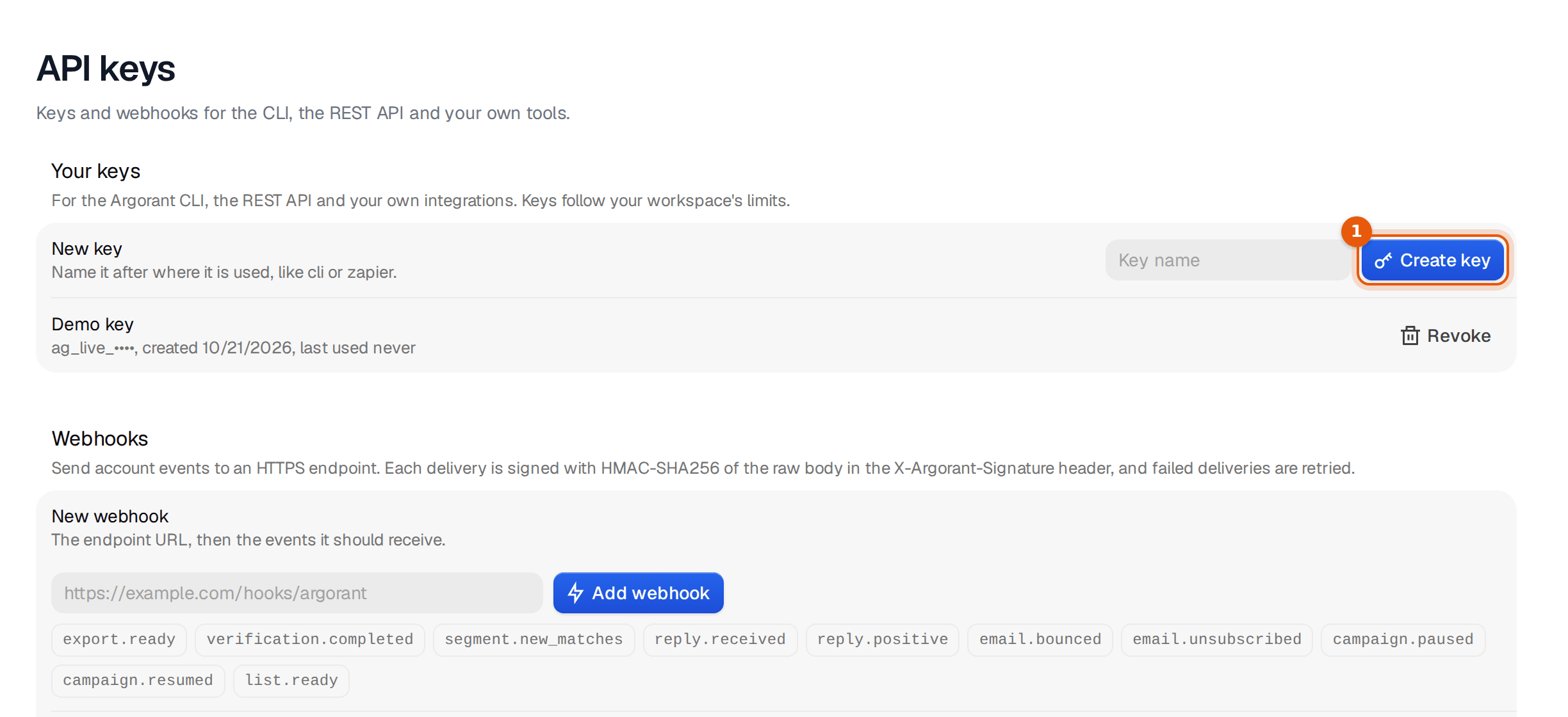 The API keys section with a key name field and the Create key button marked, and an existing key shown shortened