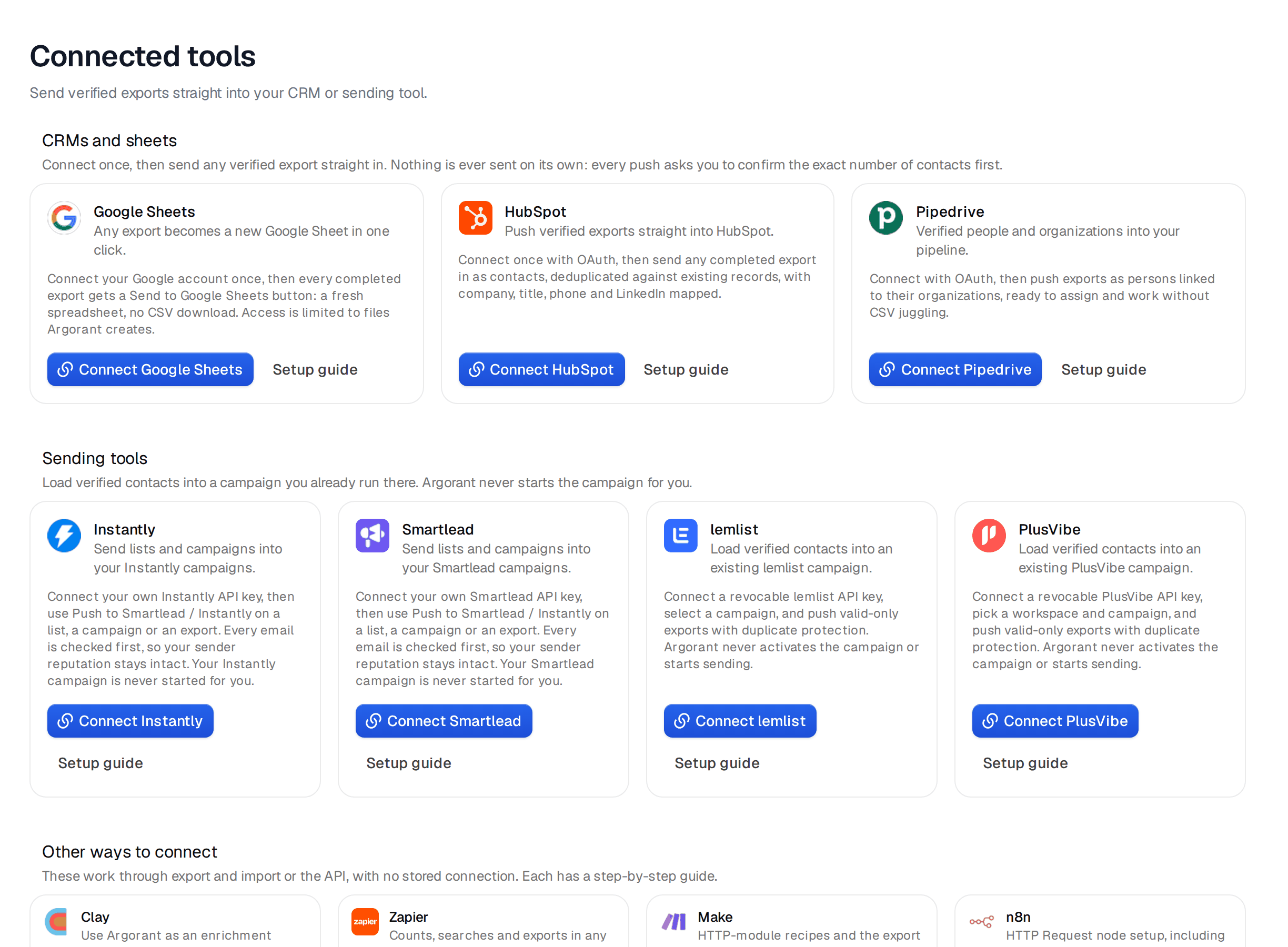 The Connected tools page with Google Sheets, HubSpot and Pipedrive under CRMs and sheets, and Instantly, Smartlead, lemlist and PlusVibe under Sending tools