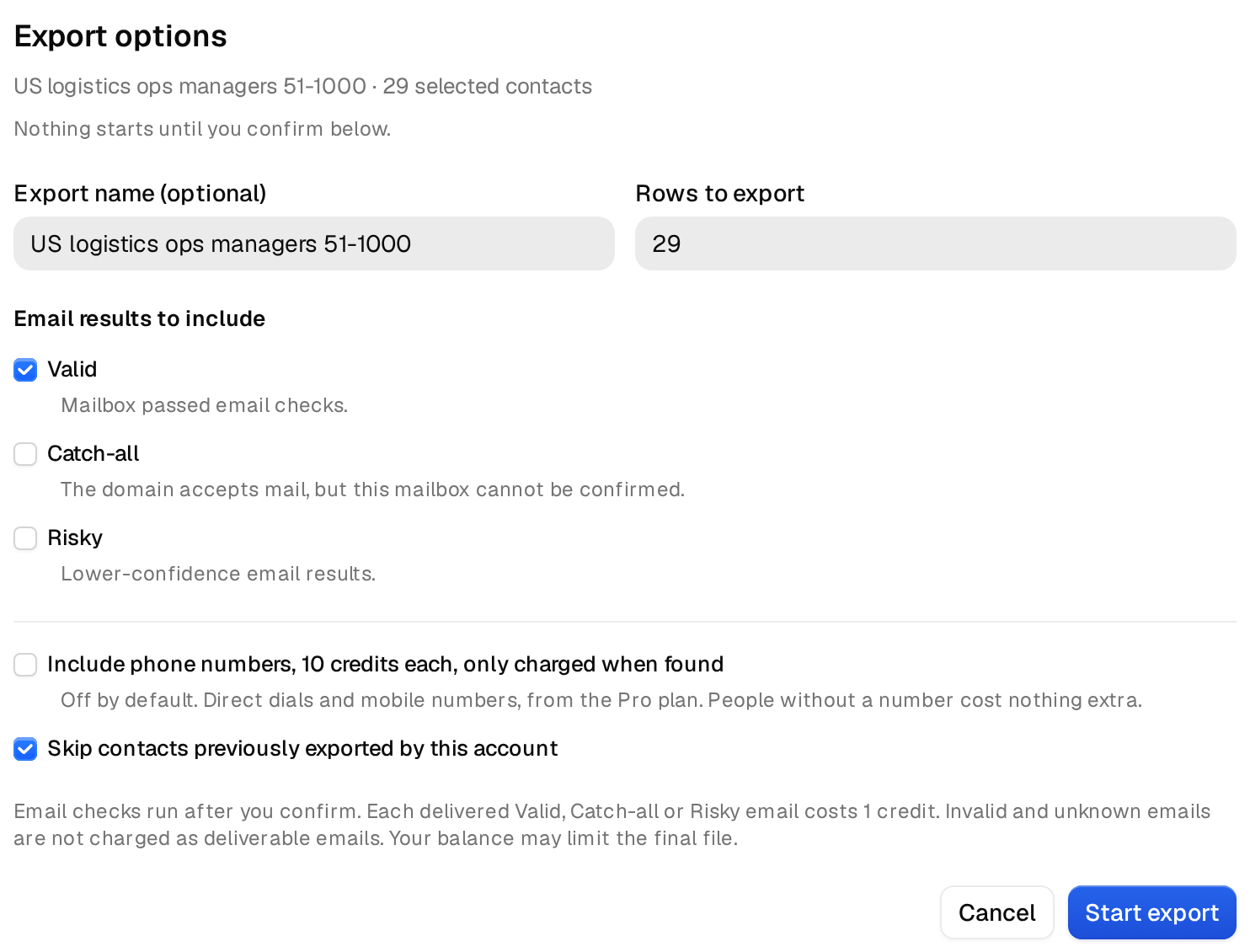 The Export options window with Valid ticked, Catch-all and Risky unticked, and Skip contacts previously exported ticked