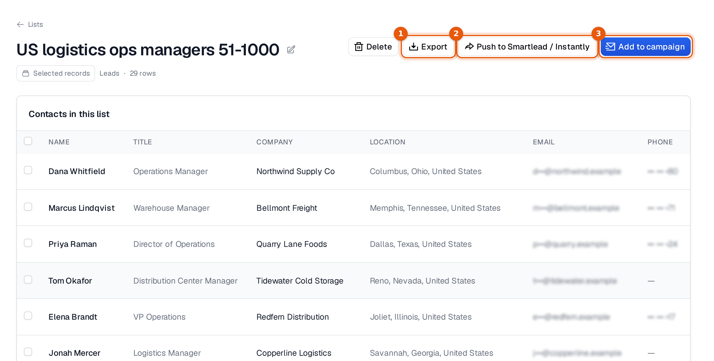 A saved list with the Export, Push to Smartlead / Instantly and Add to campaign buttons marked