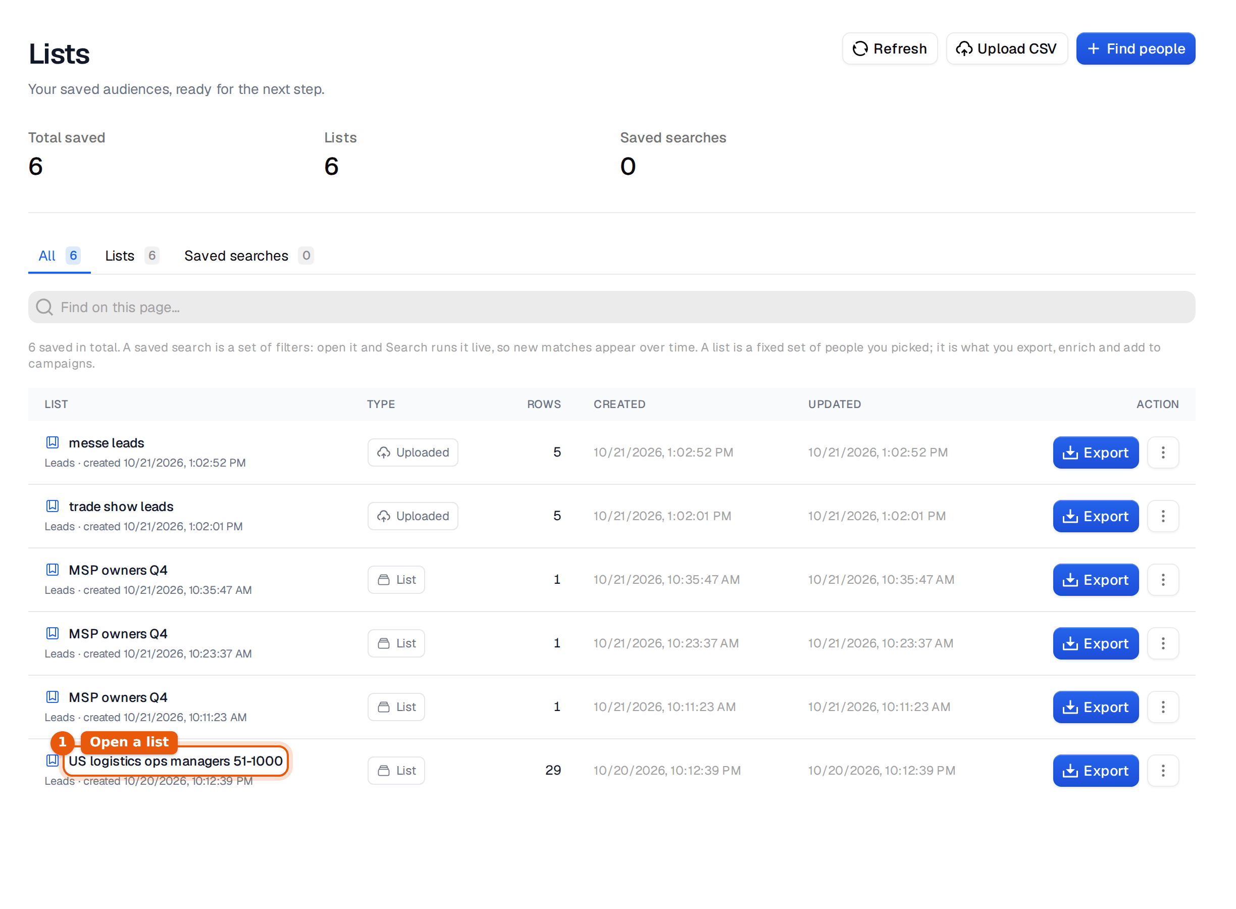 The Lists page with several saved lists and an Export button on each row