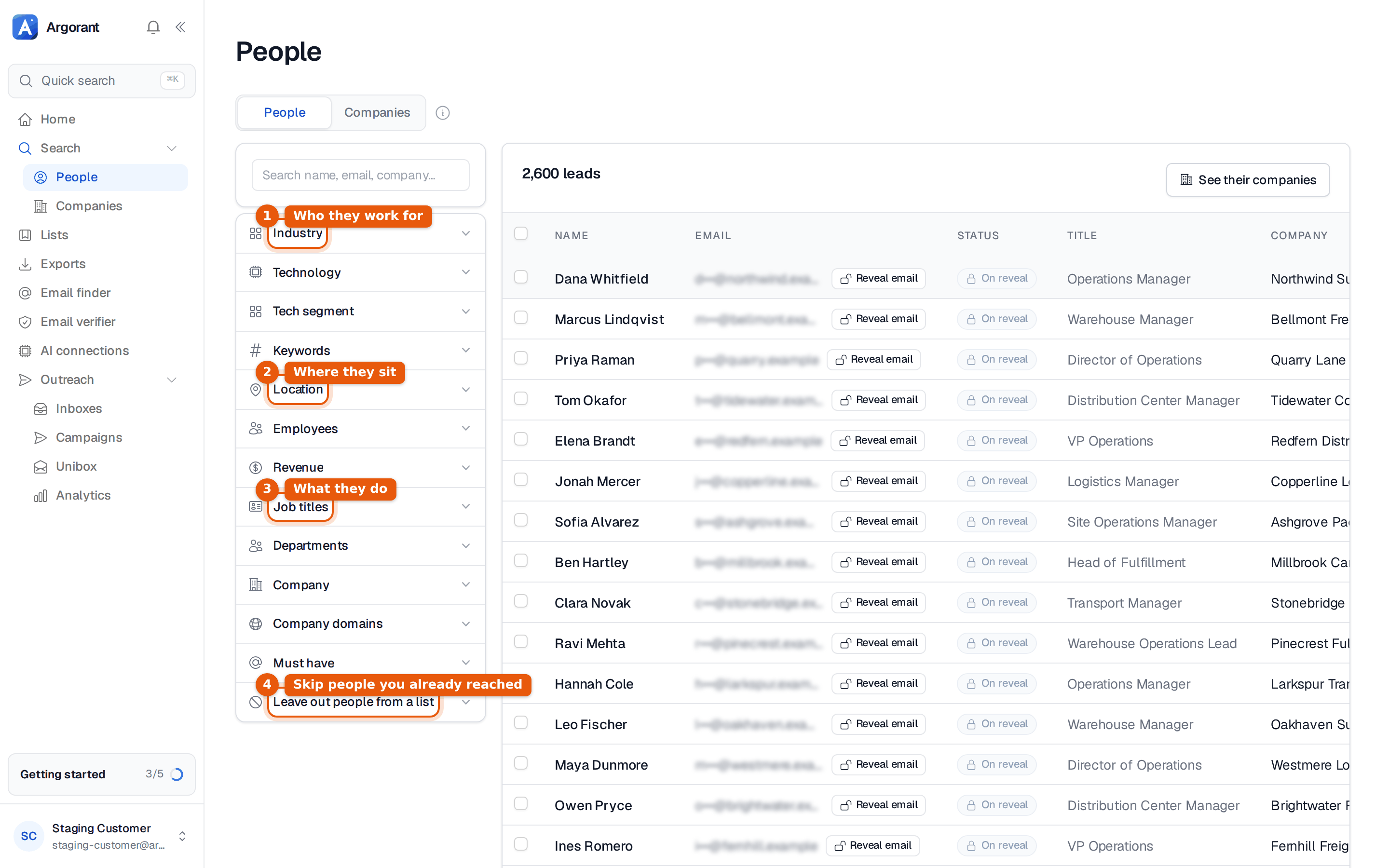 People search with the Industry, Location, Job titles and Leave out people from a list filters marked