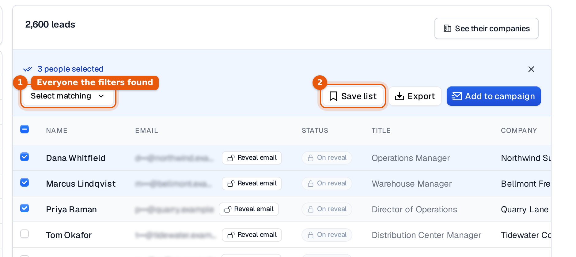 The selection bar with Select matching, Save list, Export and Add to campaign