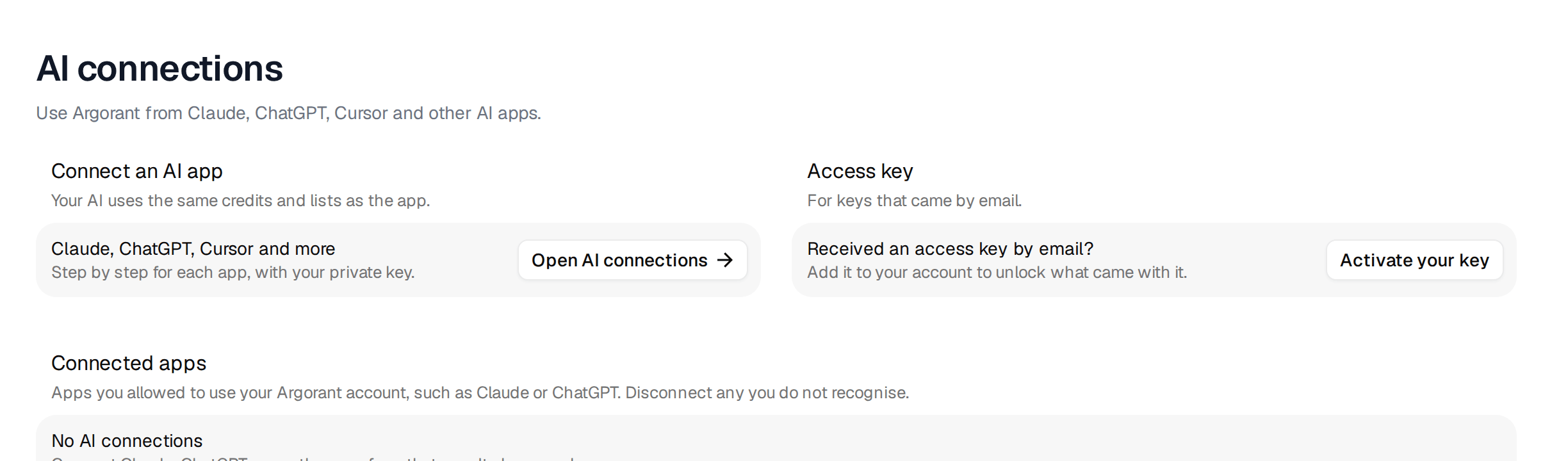 The AI connections section in Settings with Connect an AI app, Access key and Connected apps