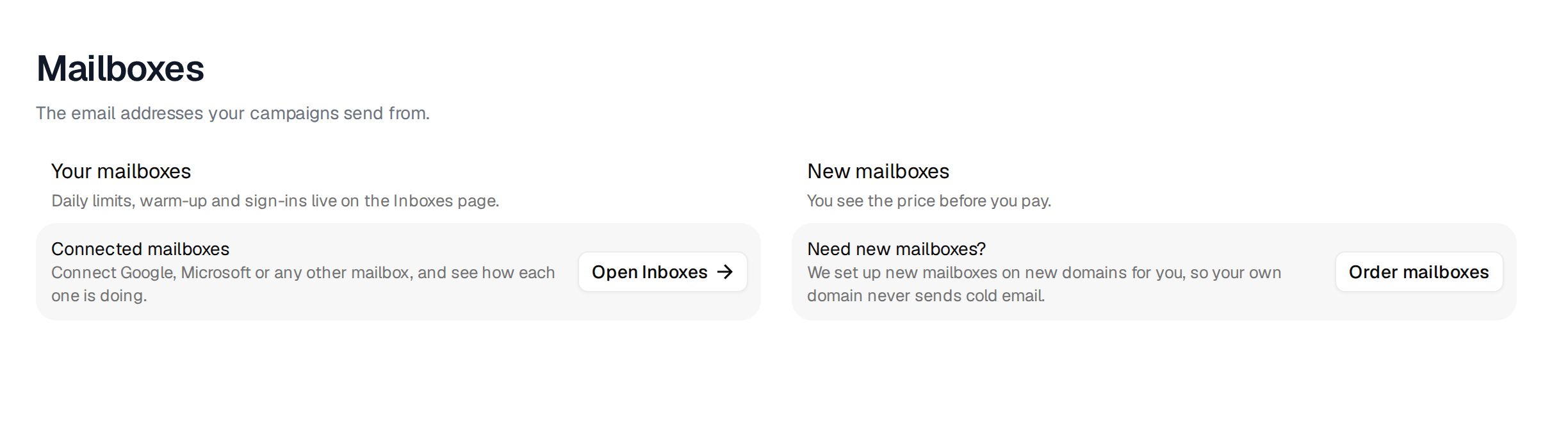 The Mailboxes section in Settings with Open Inboxes and Order mailboxes