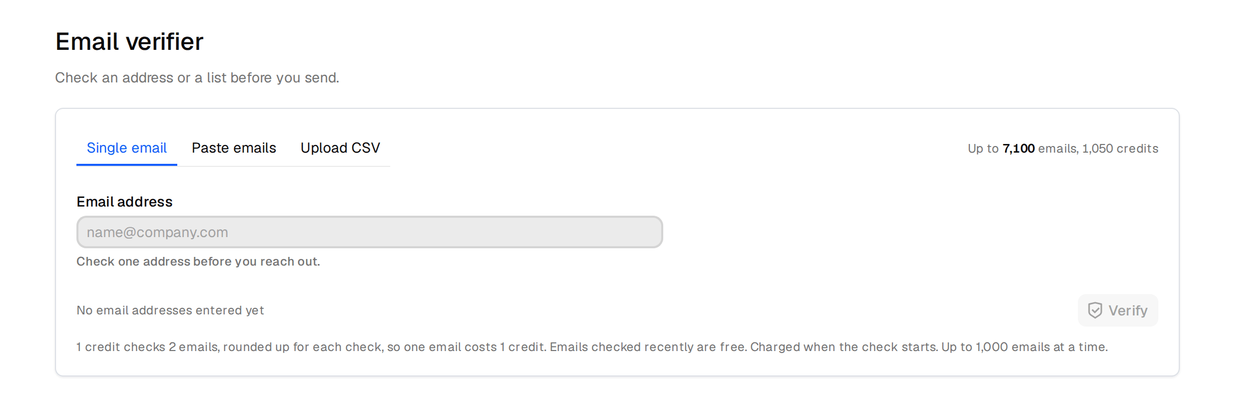 The Email verifier page with tabs for Single email, Paste emails and Upload CSV