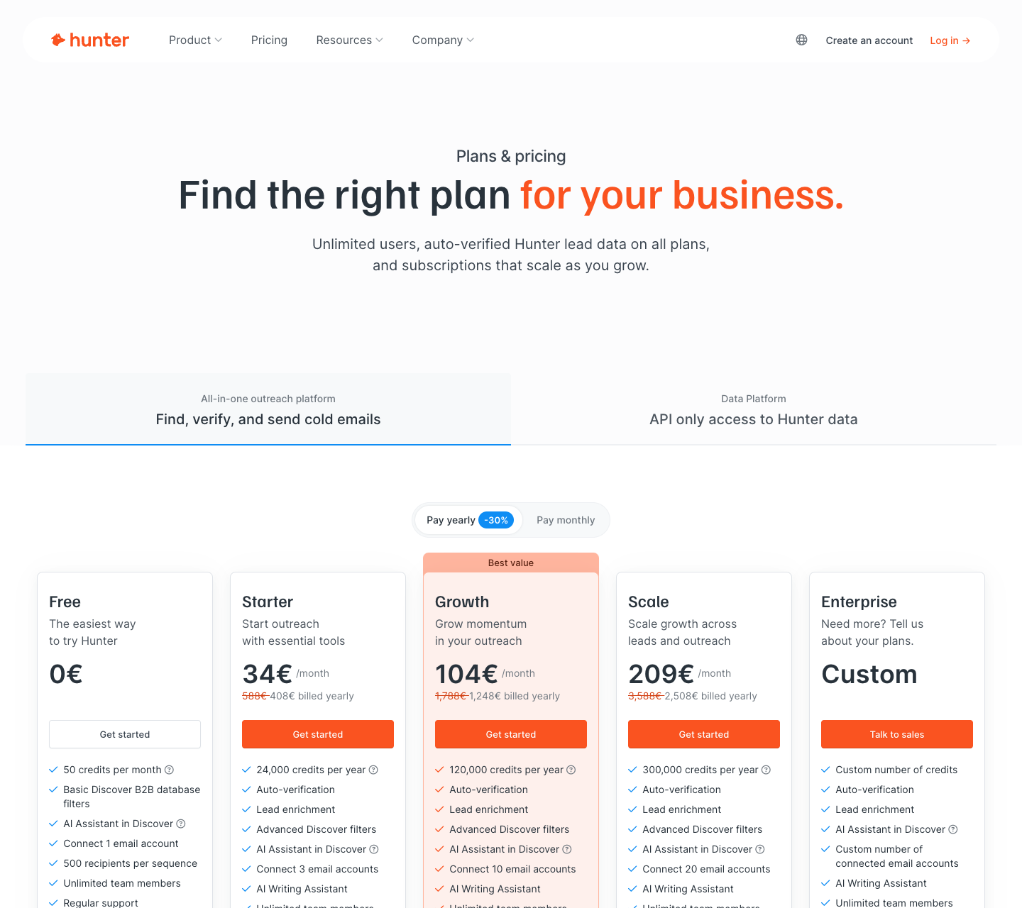 Hunter pricing page captured on June 2, 2026.