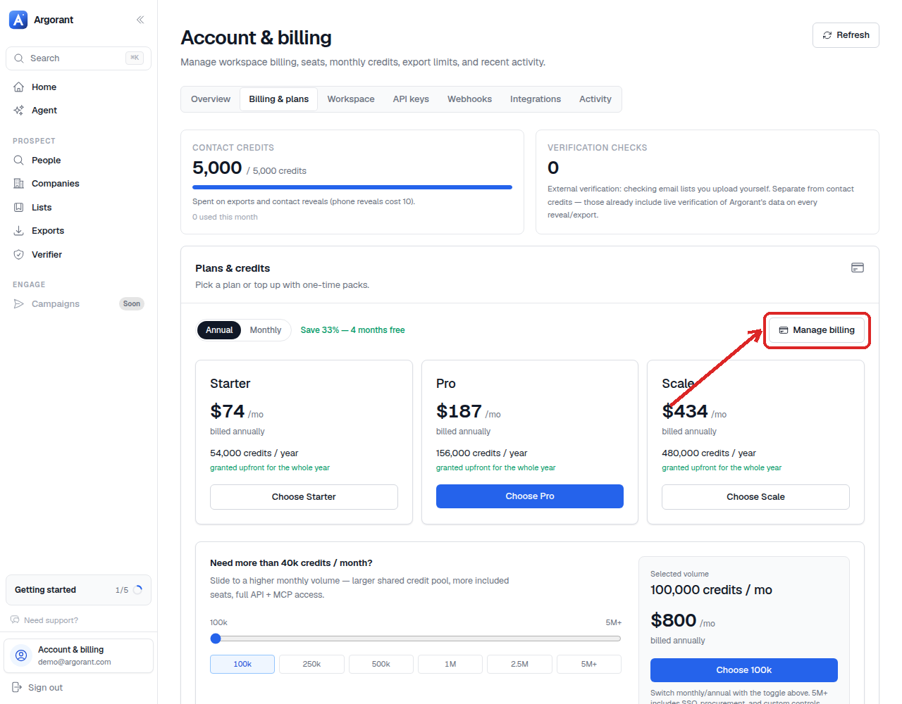 The Manage billing button in Profile &rarr; Billing