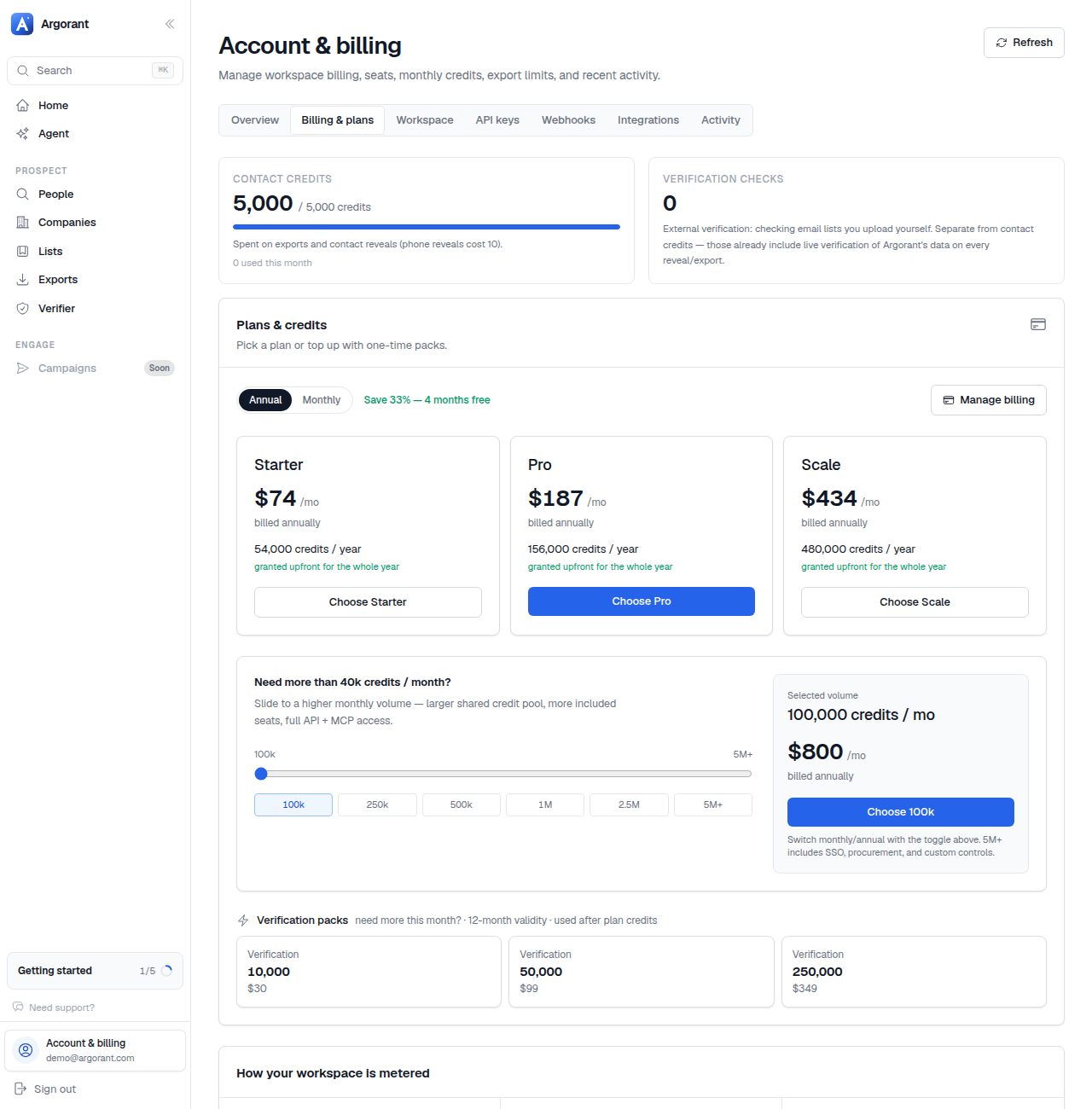Profile → Billing with the Starter, Pro and Scale plan cards