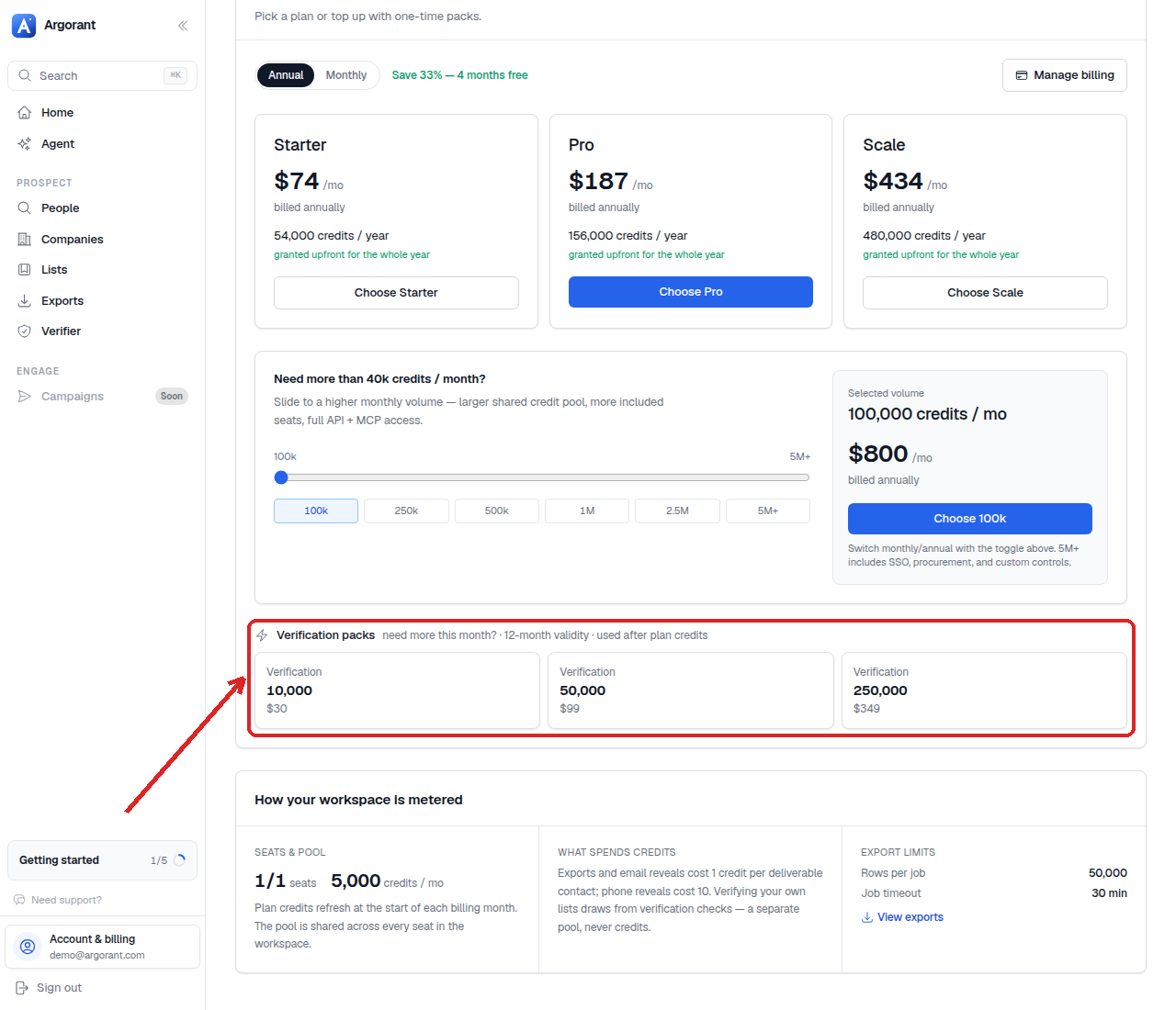 The Verification packs row in Profile, Billing