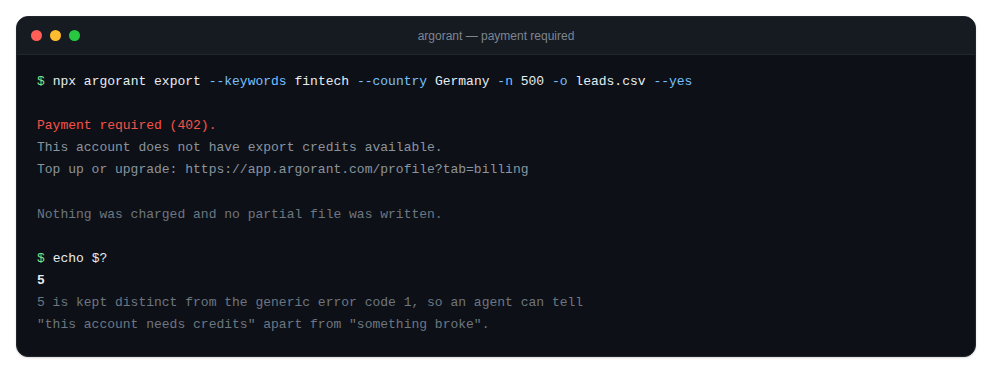 Terminal showing exit code 5 with the top-up link in the message