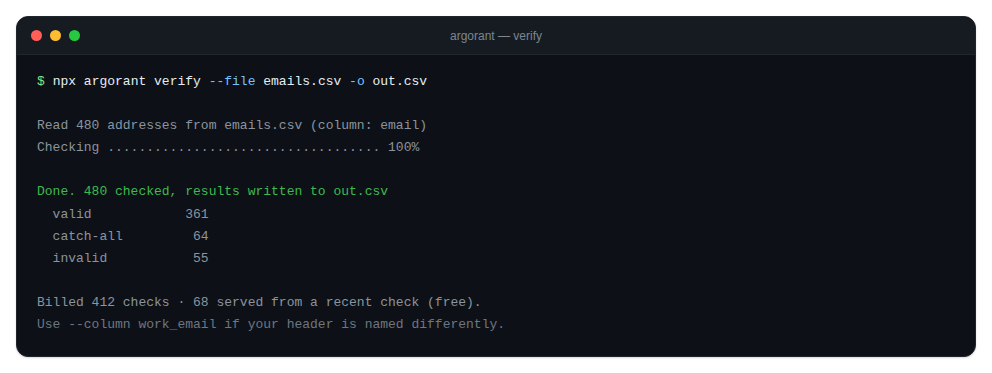 Terminal showing verify --file progress and the final summary line