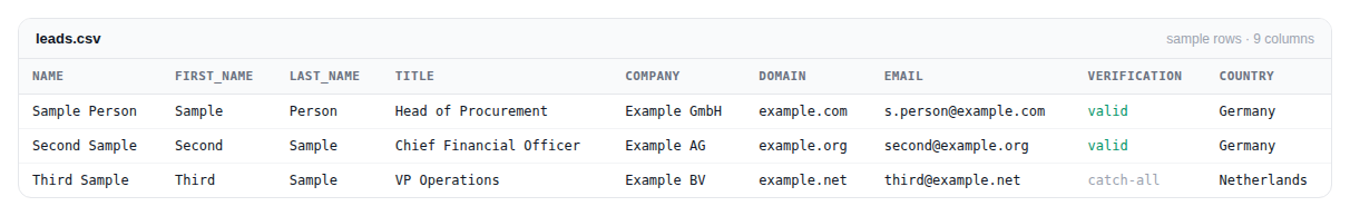 The column layout of an Argorant export, with sample rows