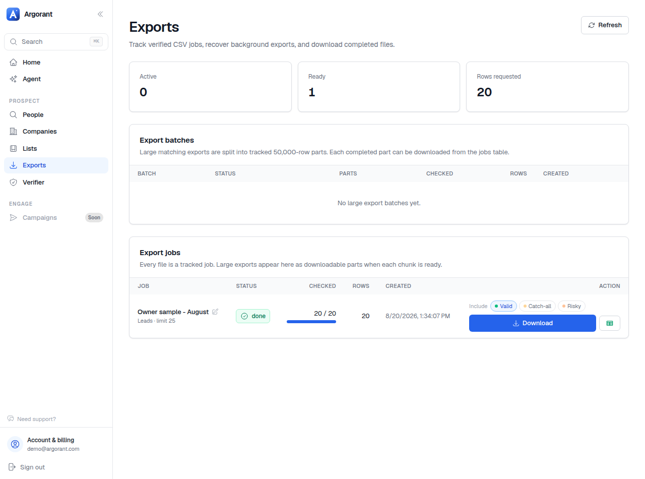The Exports page listing jobs with statuses and download actions