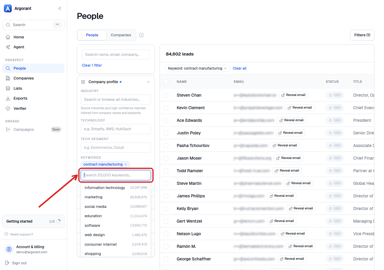 Keyword field with niche descriptive terms and a redacted preview below