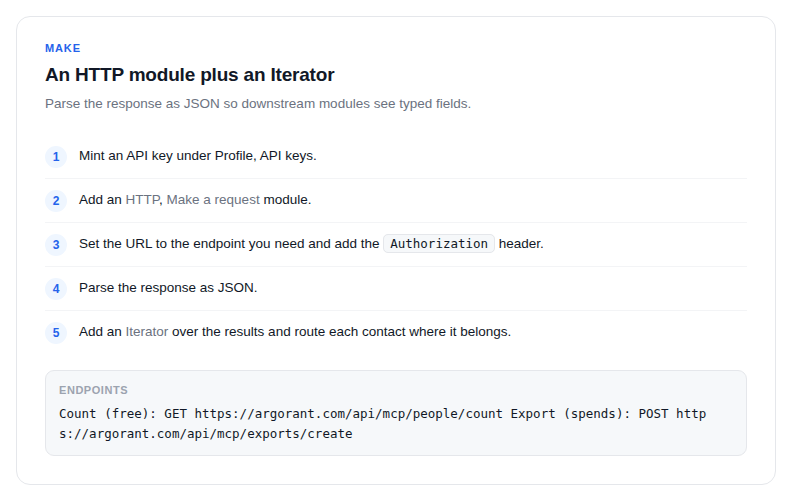 The Make HTTP module and Iterator setup for Argorant