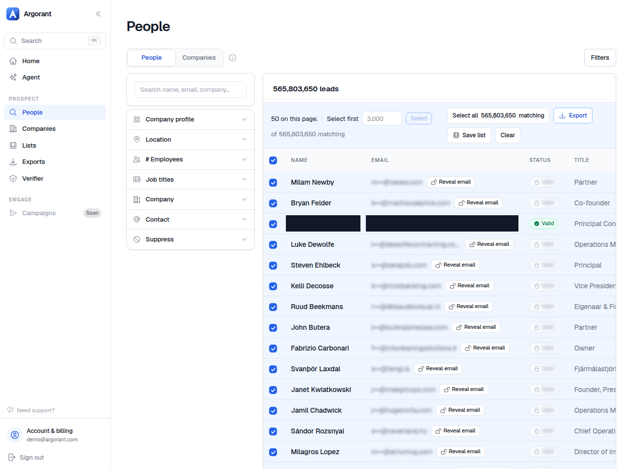 A revealed contact (details redacted here) next to the bulk export action
