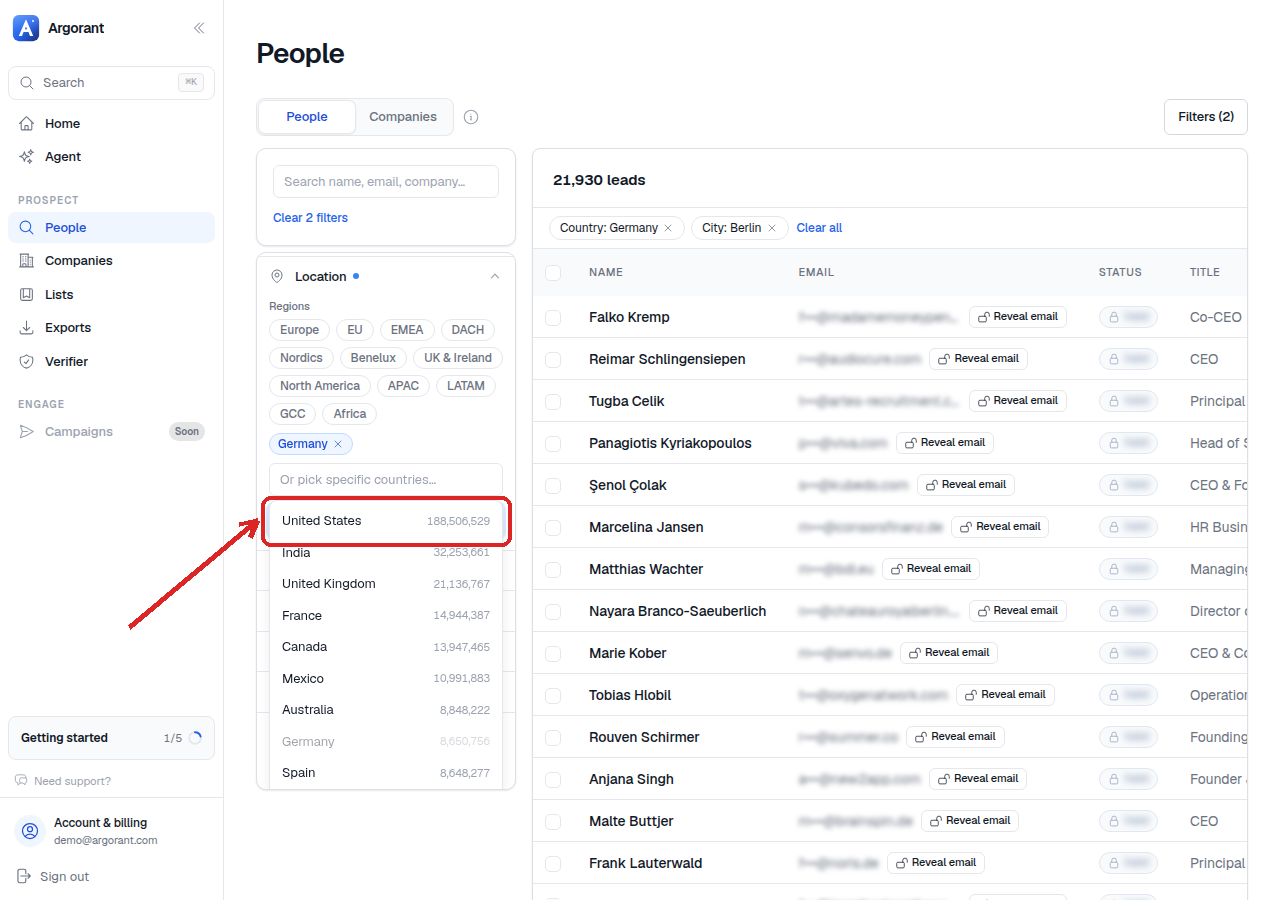 Location filter narrowed to a country with specific states and cities selected